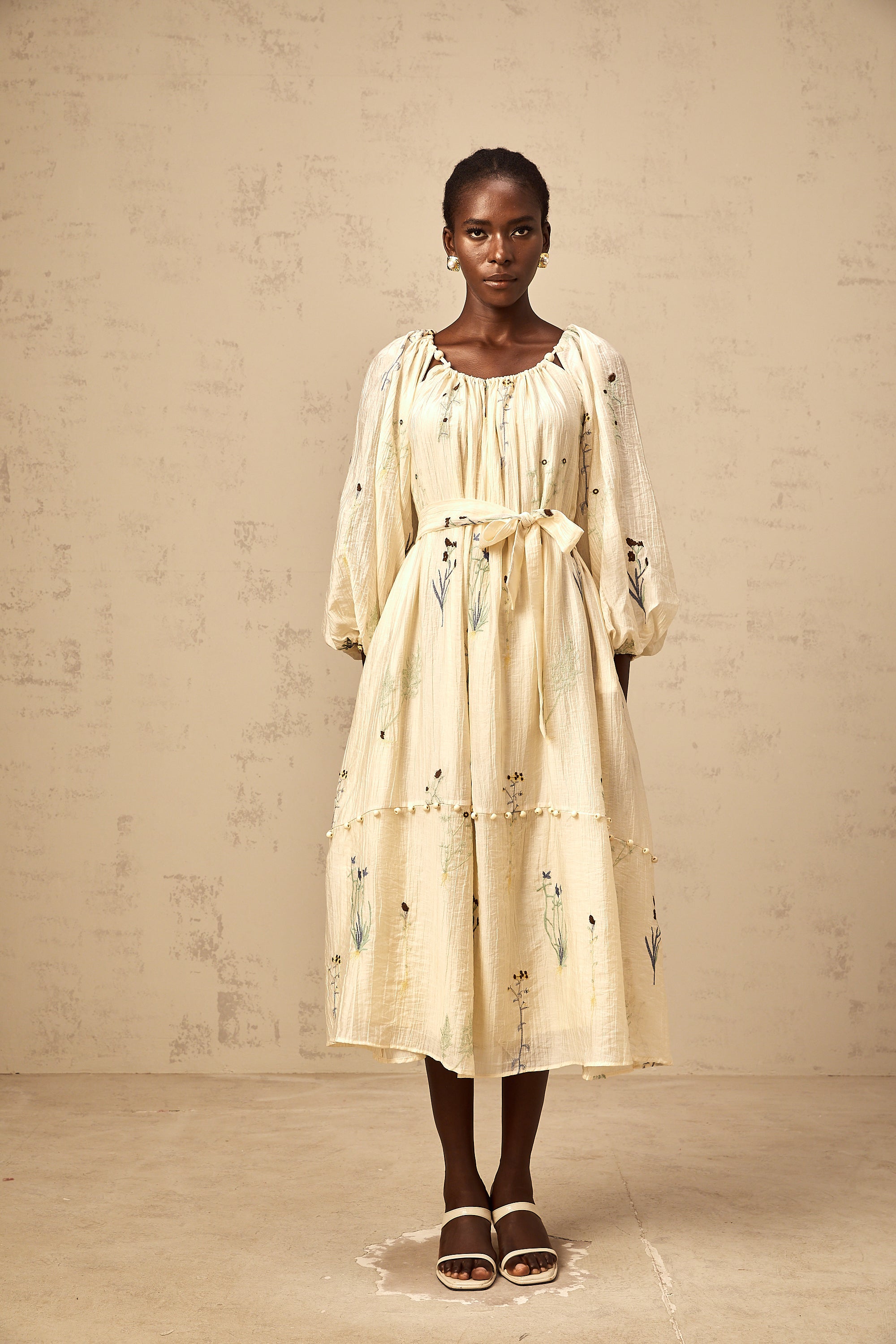 Uranie beige flower-embroidered beaded midi dress