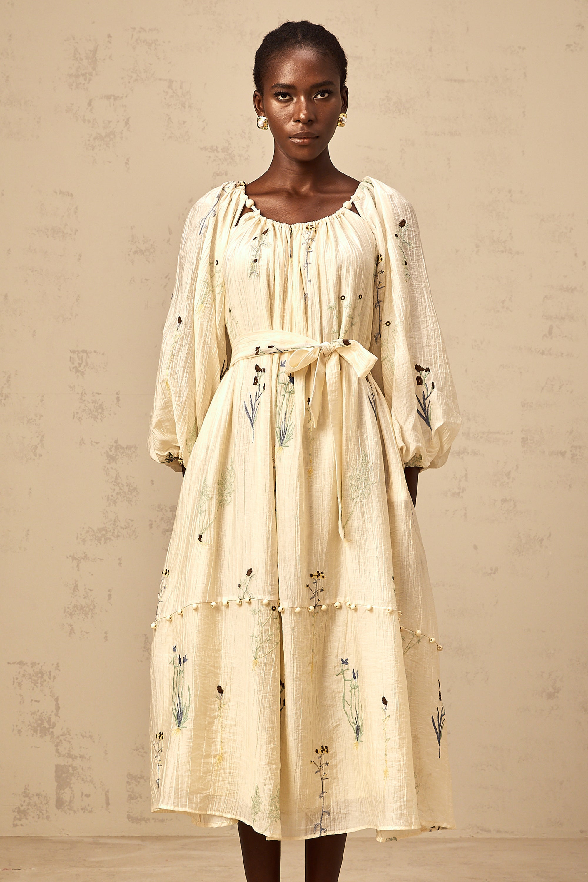 Uranie beige flower-embroidered beaded midi dress