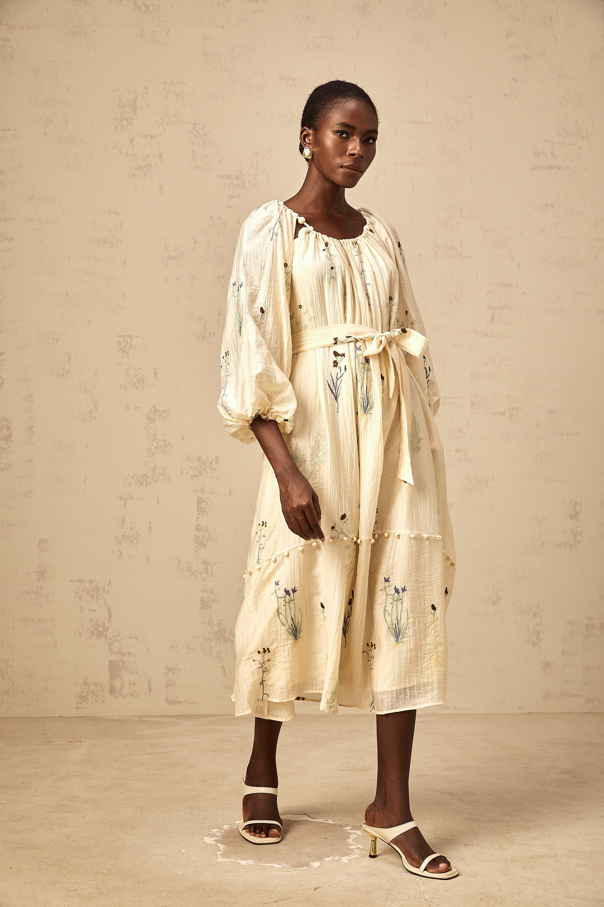 Uranie beige flower-embroidered beaded midi dress