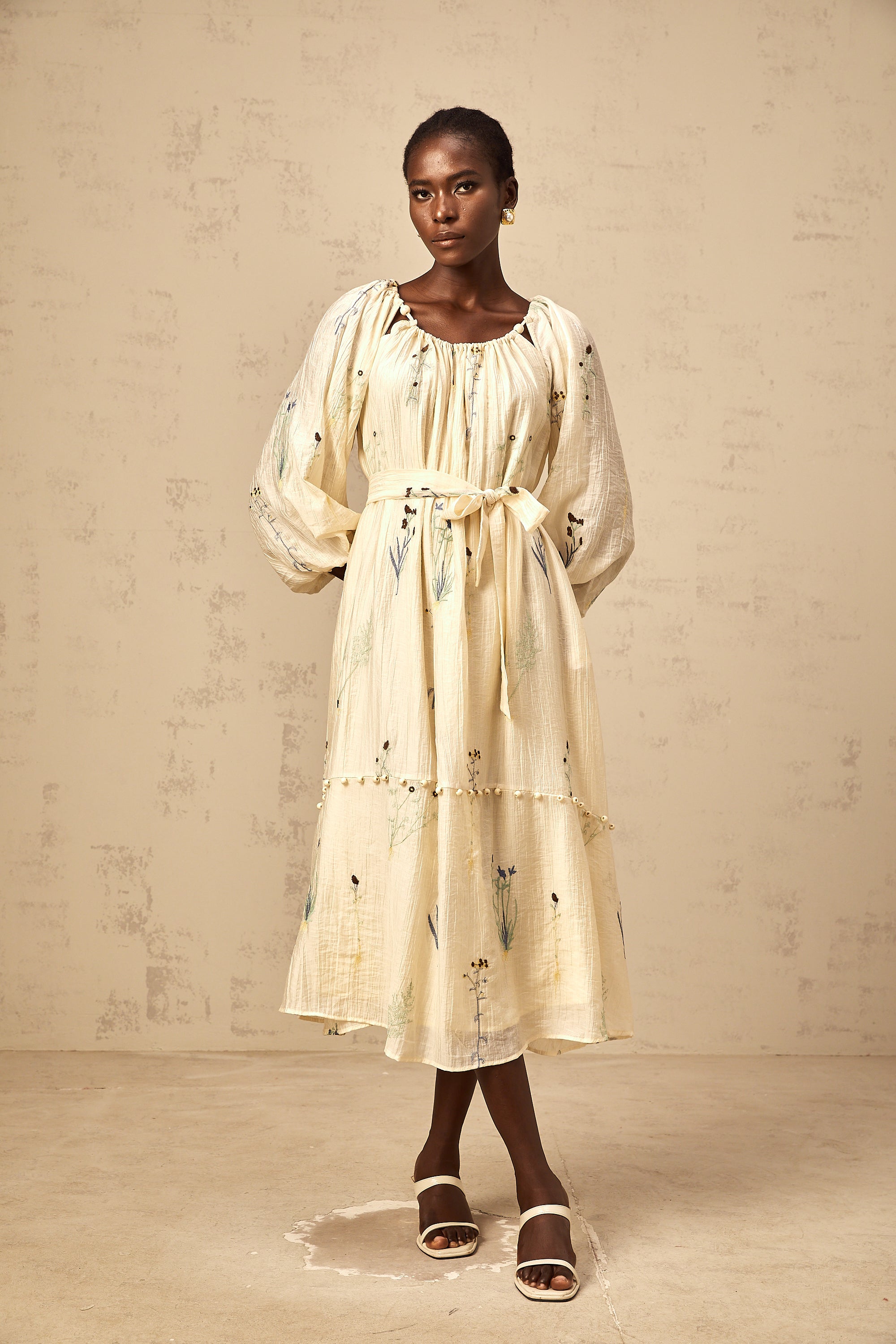 Uranie beige flower-embroidered beaded midi dress