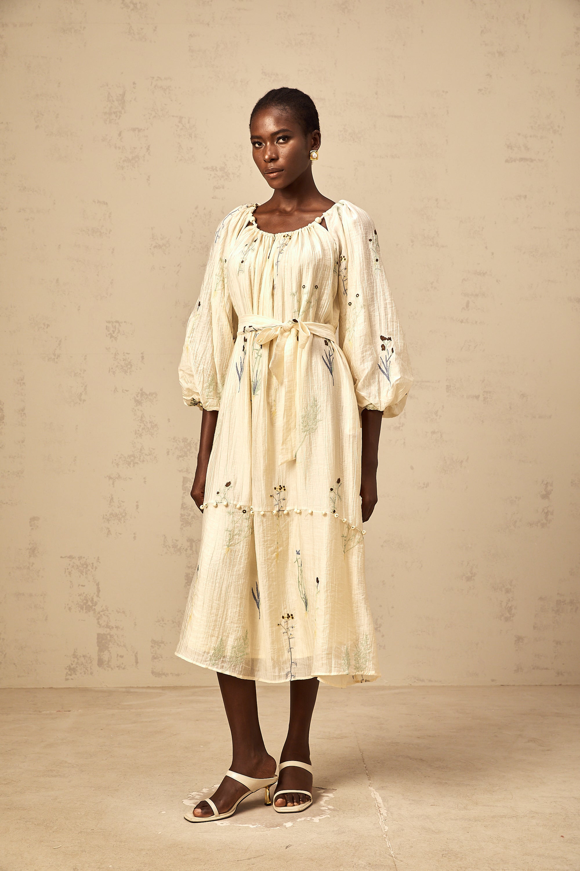 Uranie beige flower-embroidered beaded midi dress