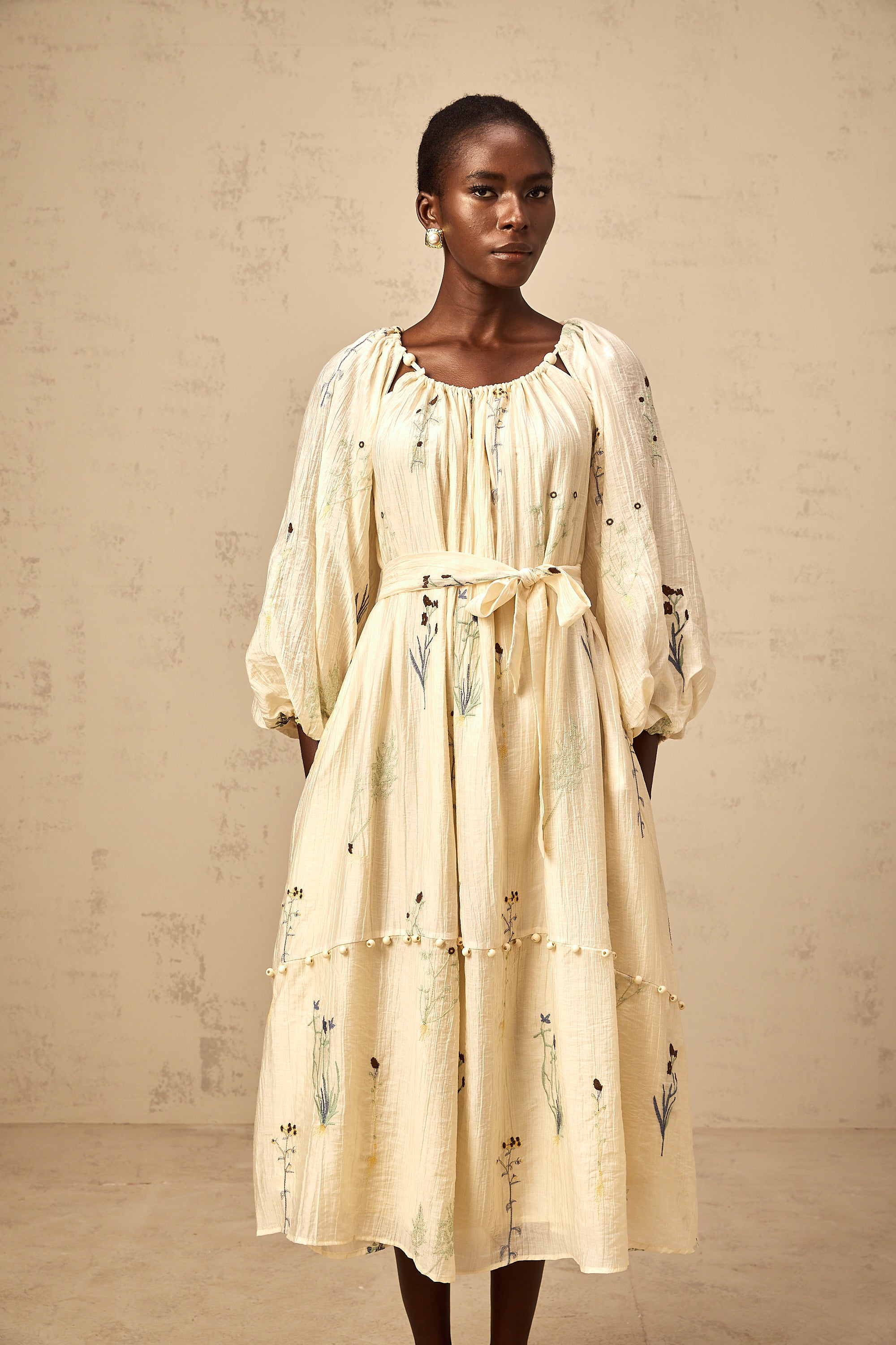 Uranie beige flower-embroidered beaded midi dress