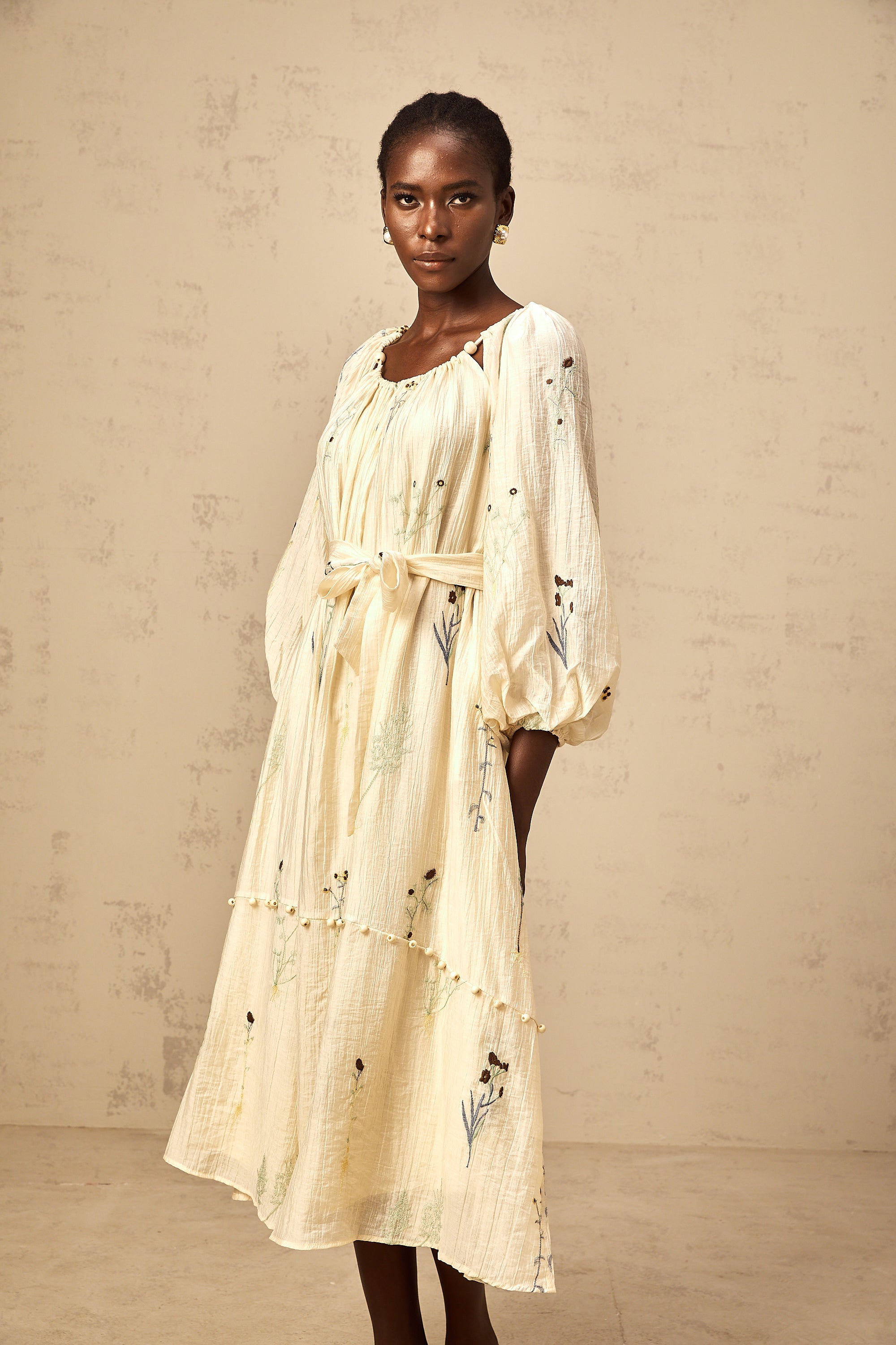 Uranie beige flower-embroidered beaded midi dress
