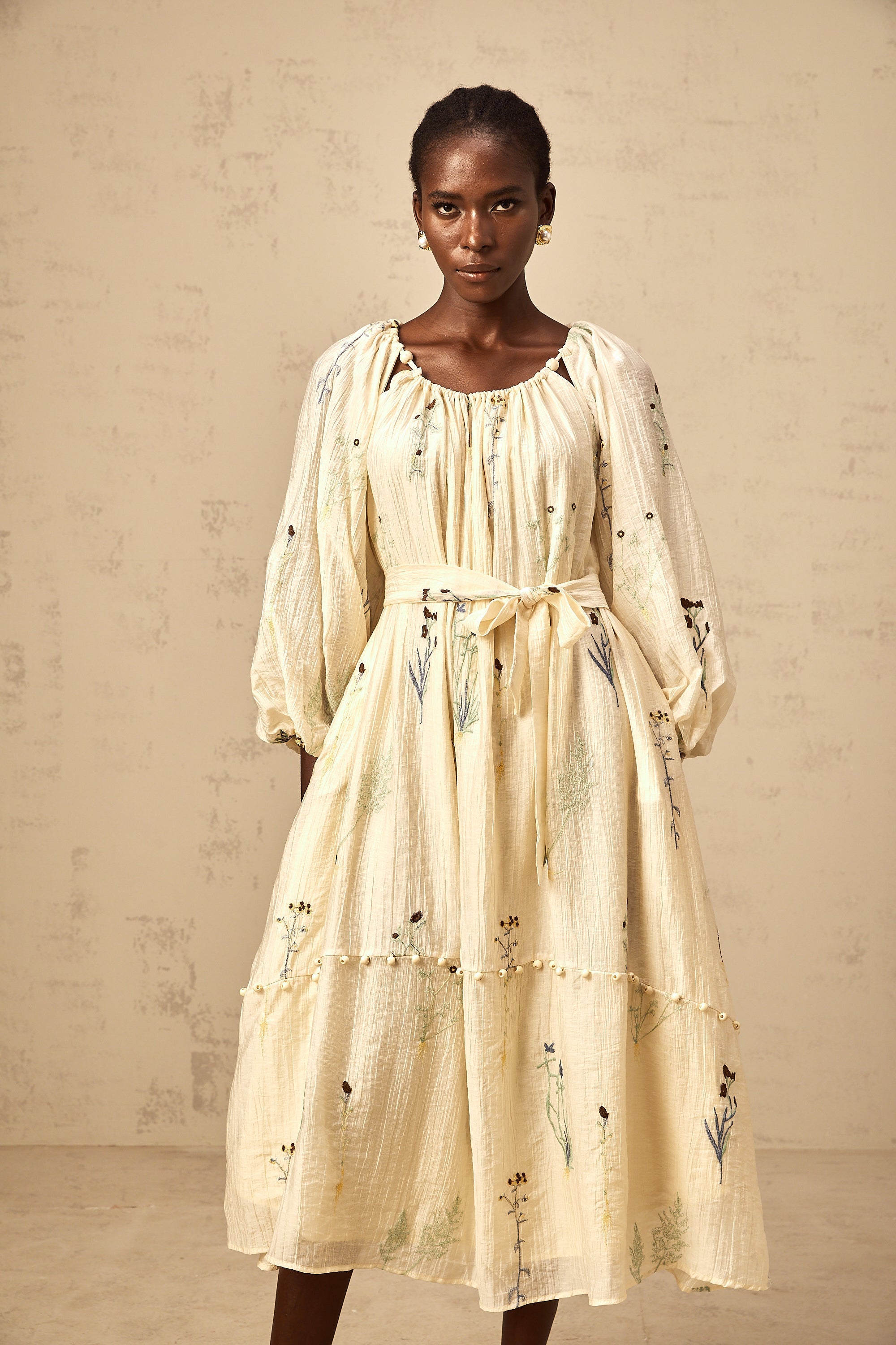 Uranie beige flower-embroidered beaded midi dress
