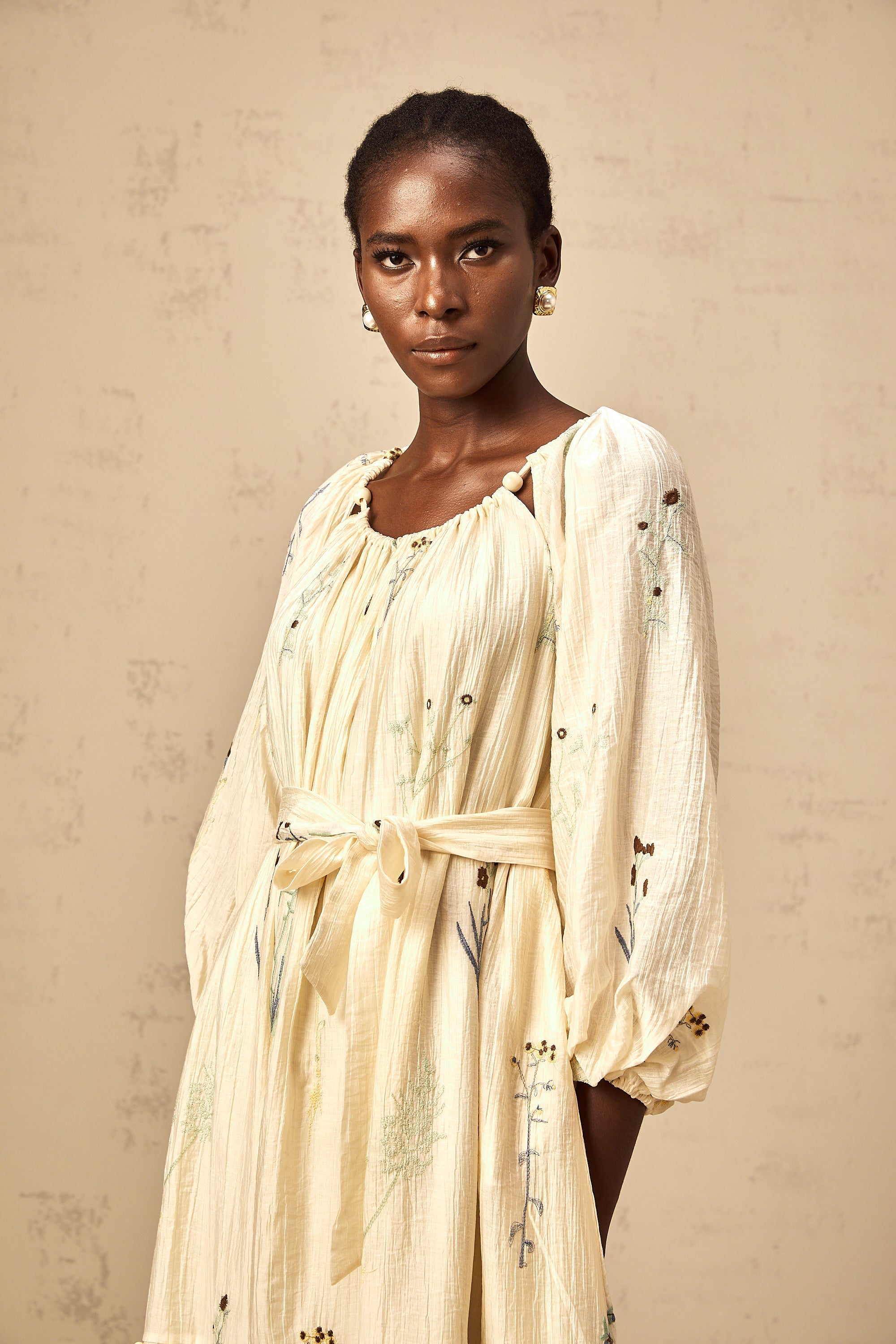 Uranie beige flower-embroidered beaded midi dress
