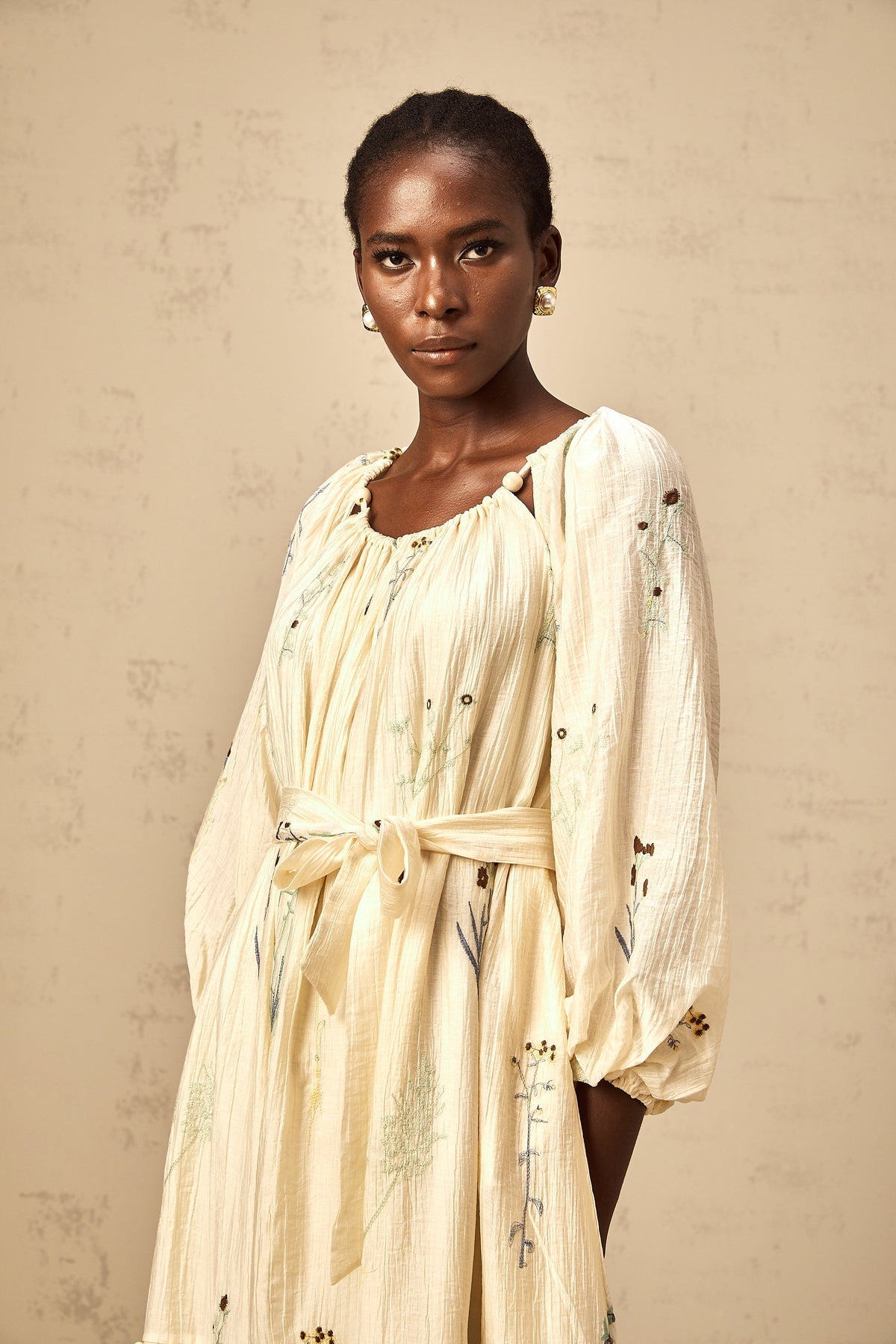 Uranie beige flower-embroidered beaded midi dress