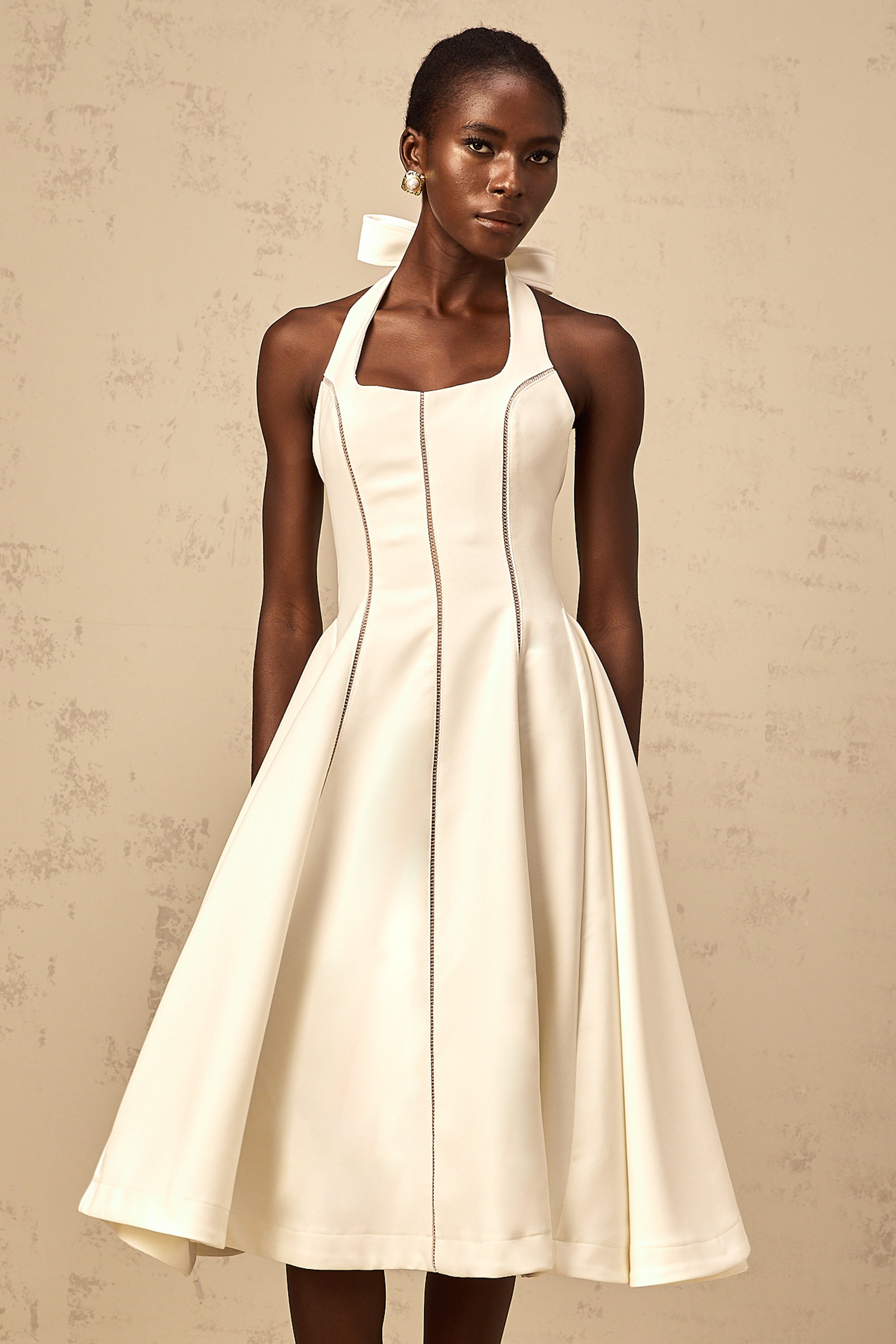 Quirine white halterneck bow-detail midi dress