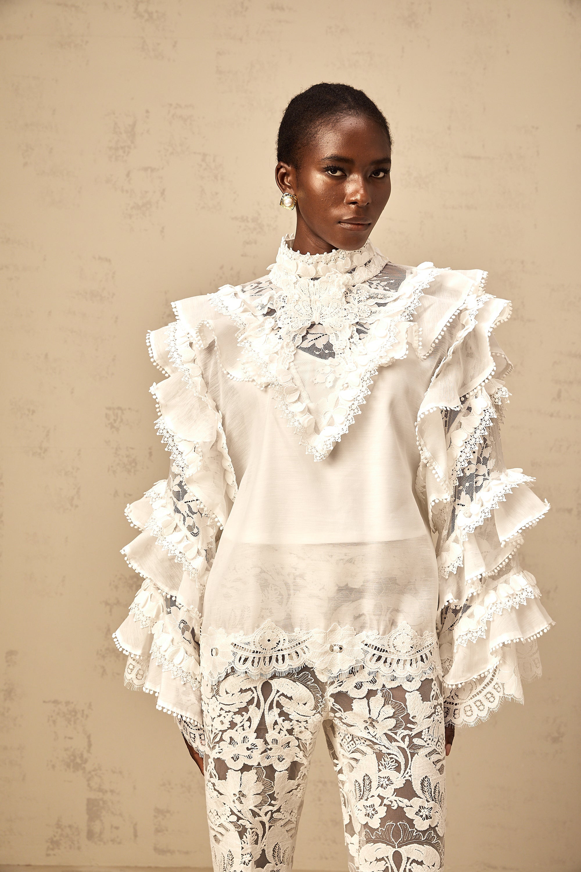 Mylène white tied layered lace blouse