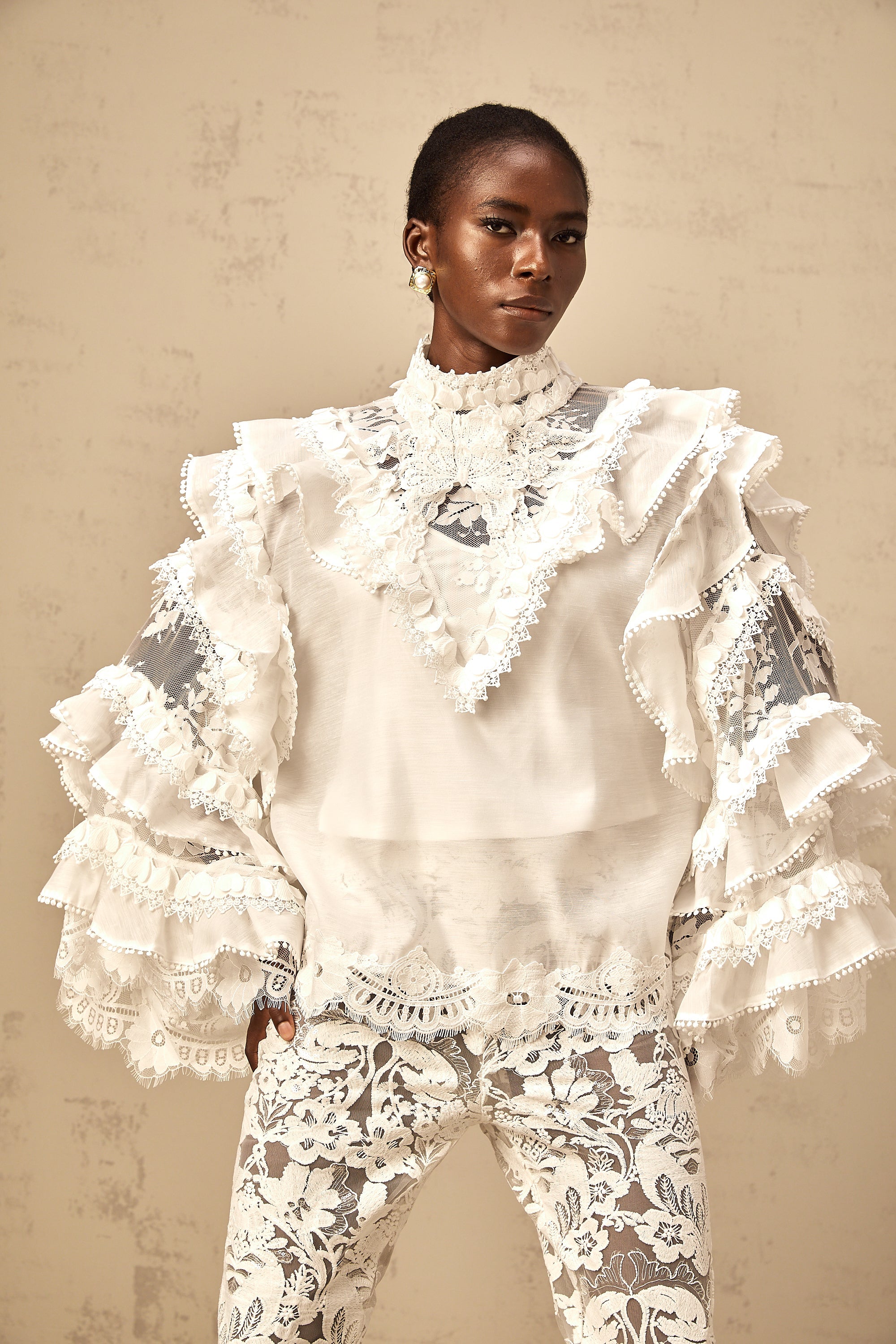 Mylène white tied layered lace blouse