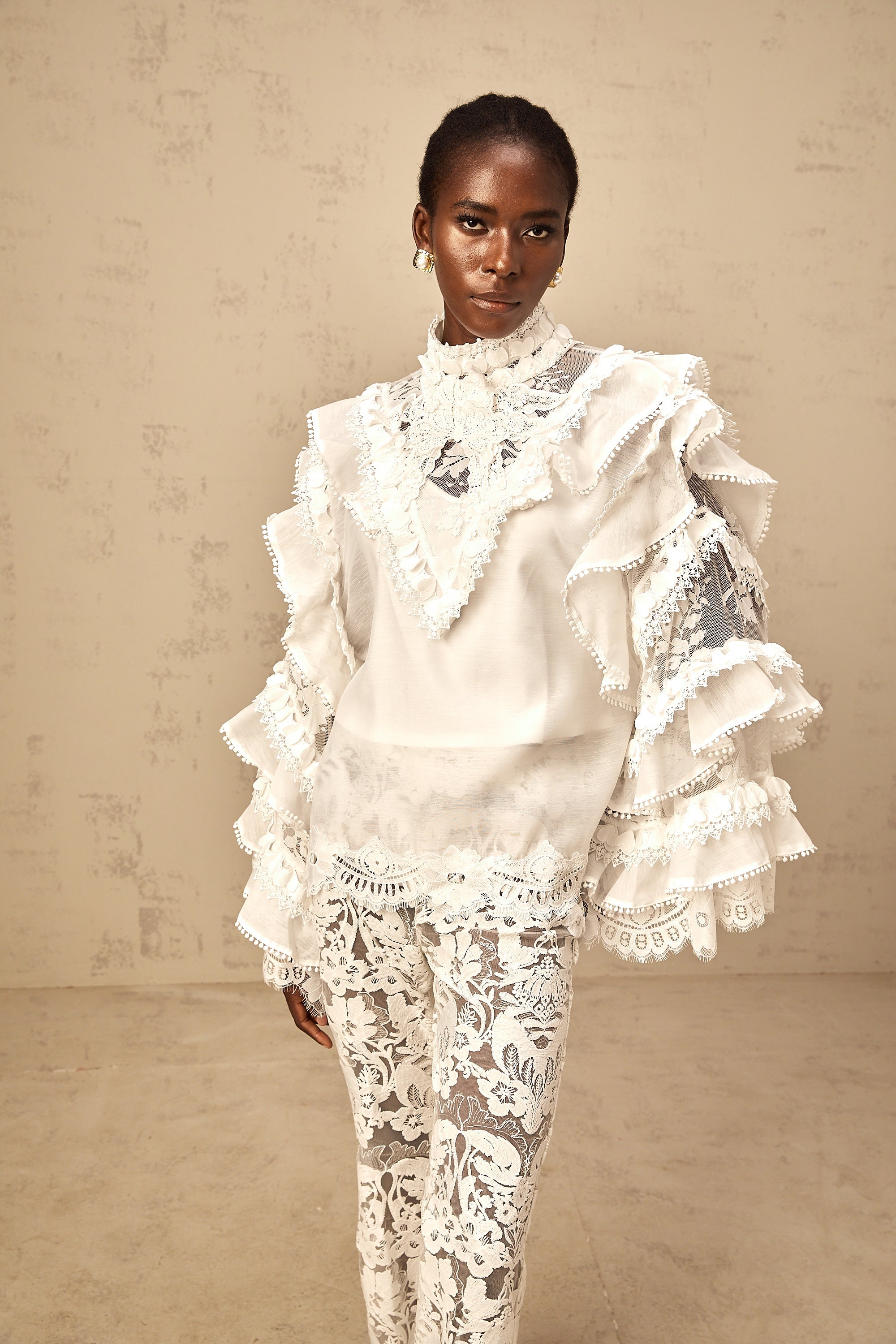 Mylène white tied layered lace blouse