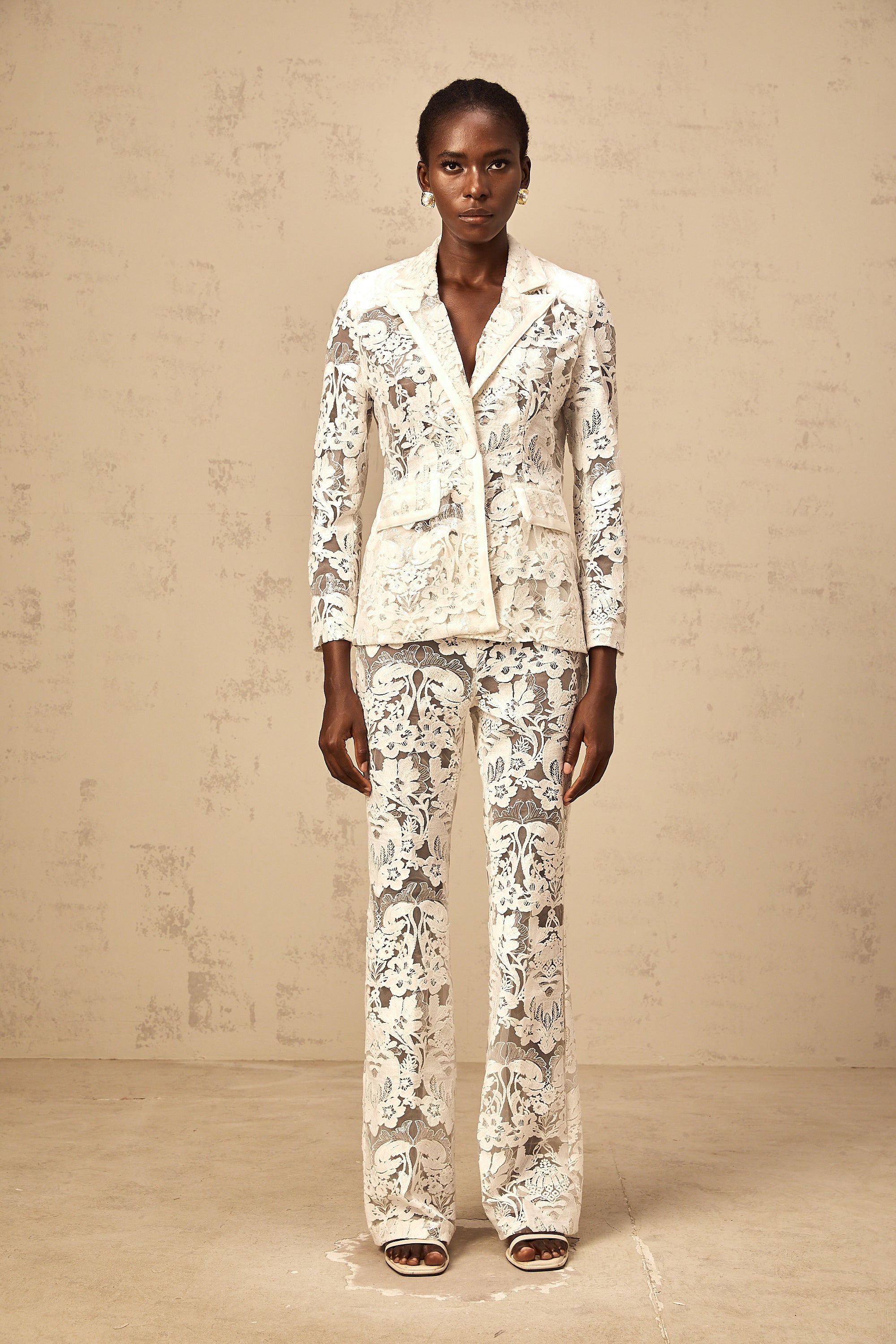 Yaelle white sequined flower-embroidered tulle blazer & trousers matching set