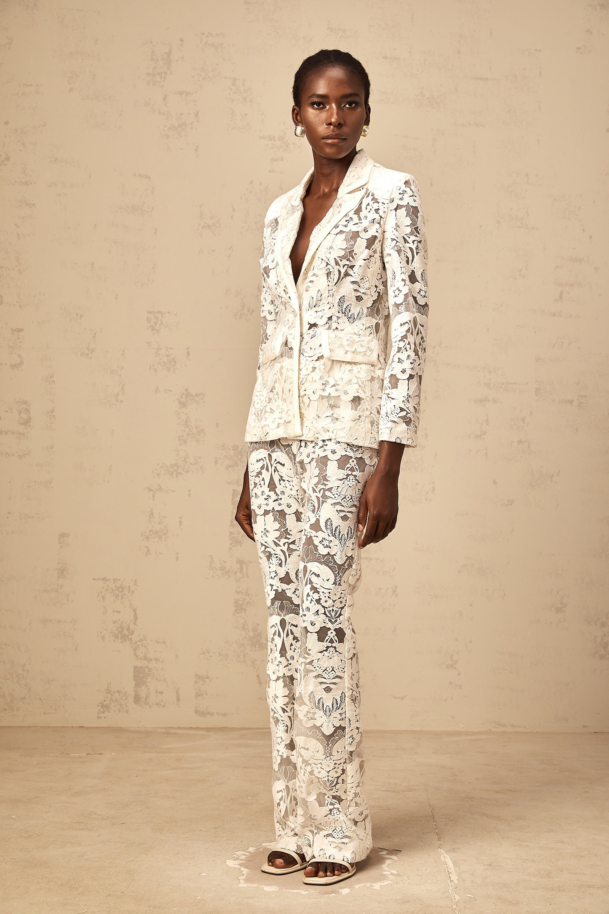 Yaelle white sequined flower-embroidered tulle blazer & trousers matching set