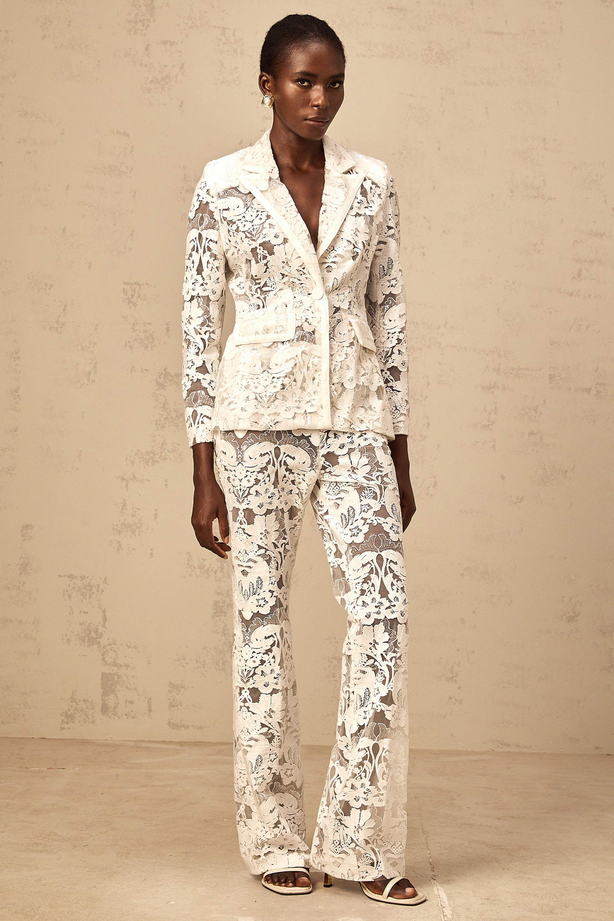 Yaelle white sequined flower-embroidered tulle blazer & trousers matching set (Final Sale-US Only)