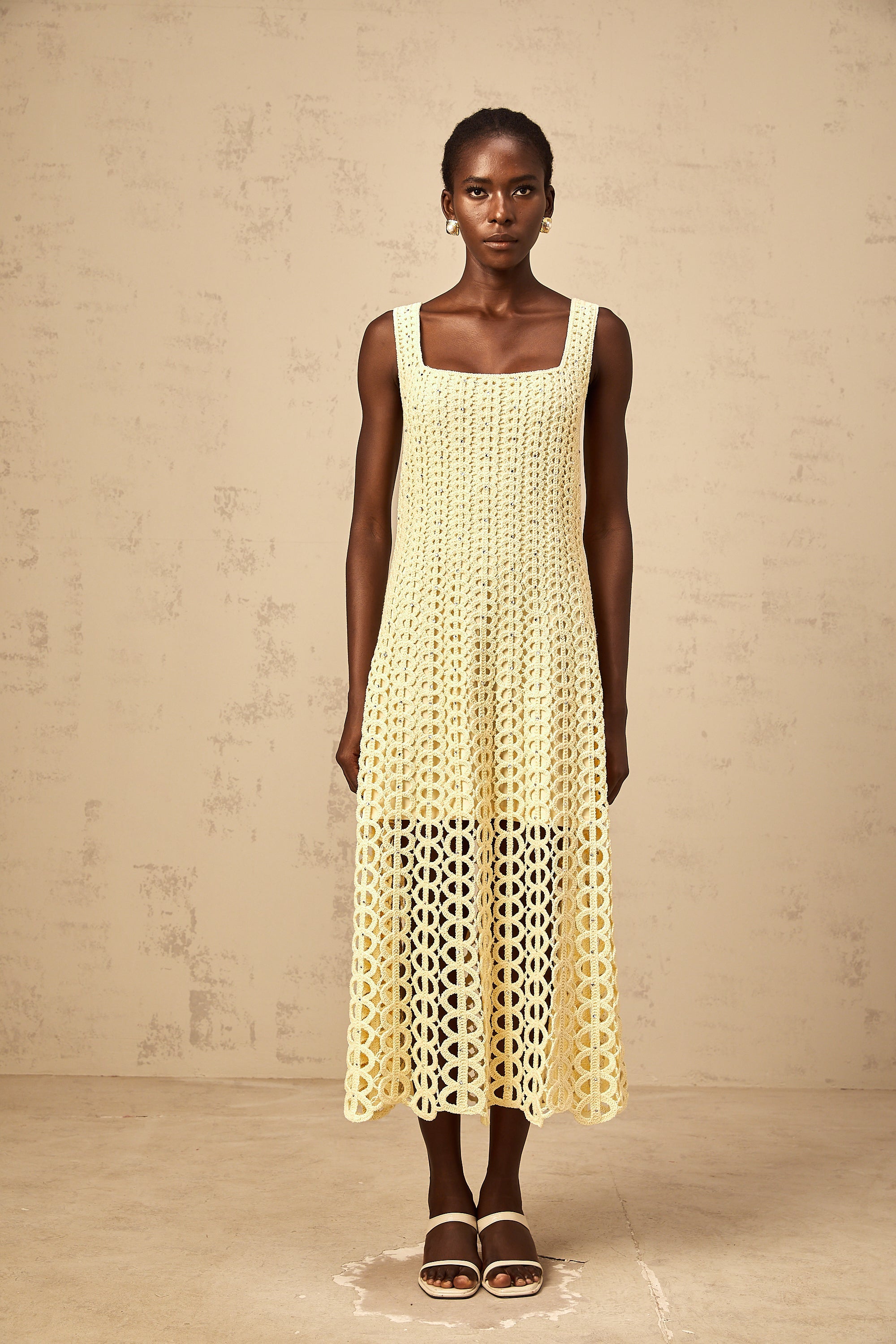 Edelie light-yellow embellished cut-out crochet-knit midi dress