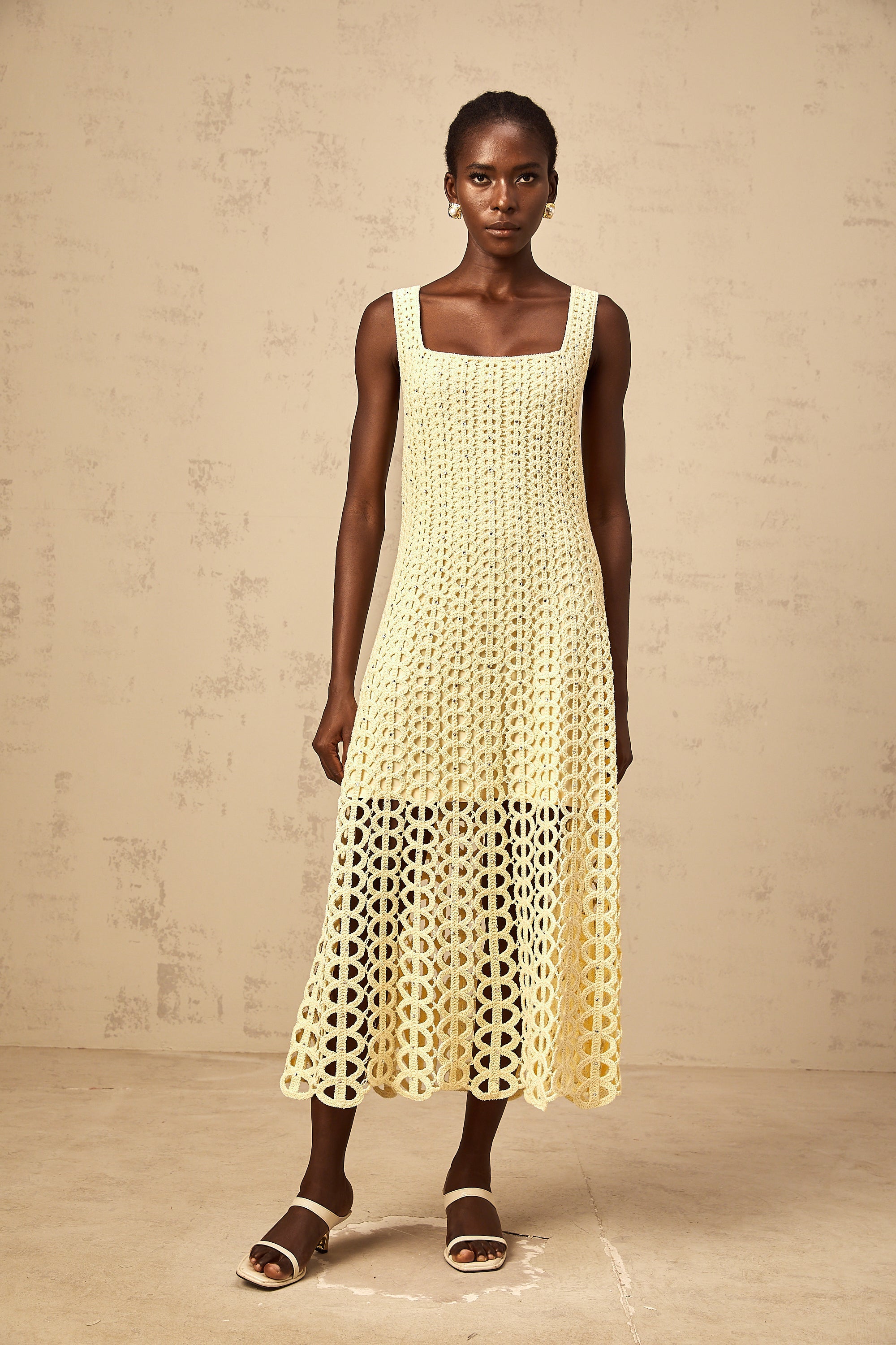 Edelie light-yellow embellished cut-out crochet-knit midi dress