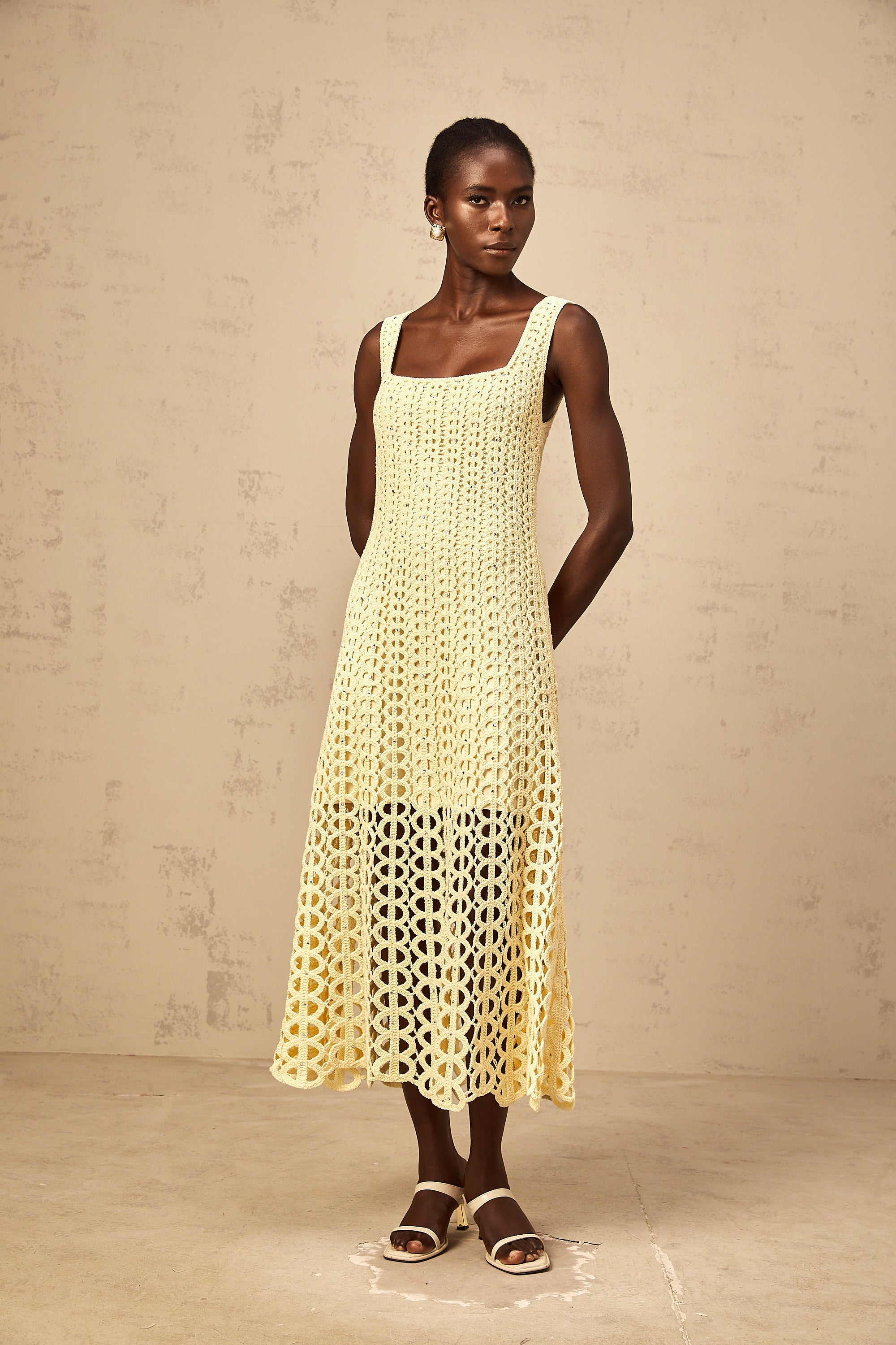 Edelie light-yellow embellished cut-out crochet-knit midi dress