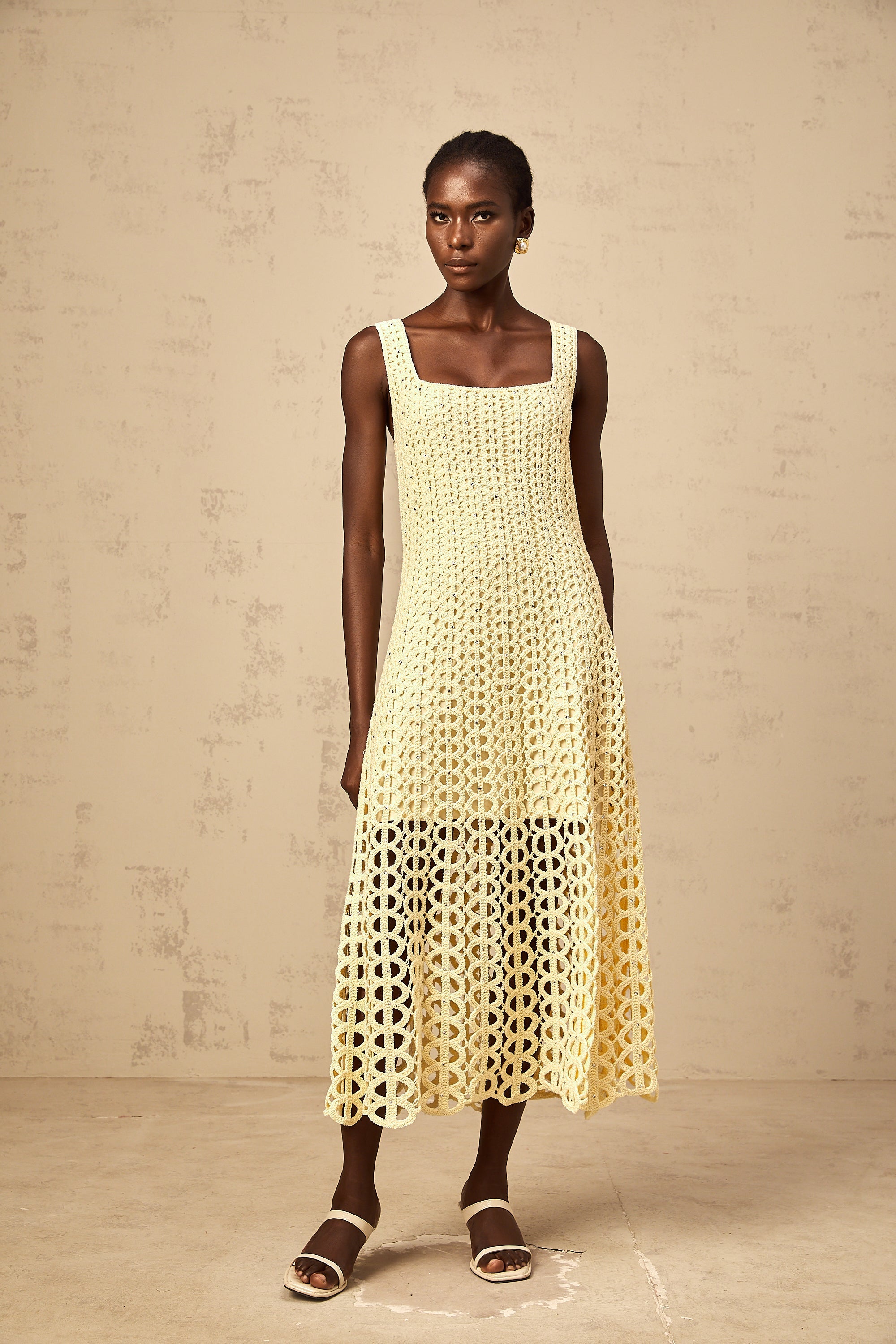 Edelie light-yellow embellished cut-out crochet-knit midi dress