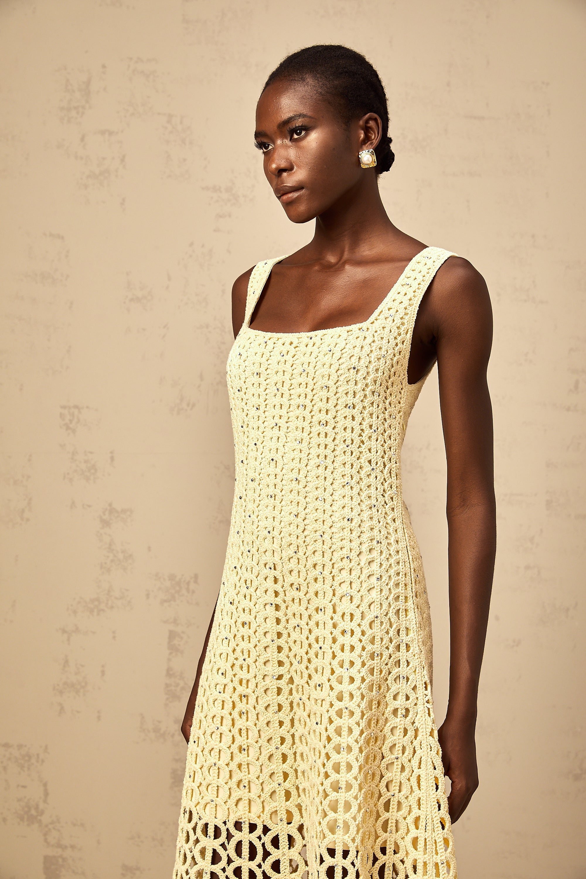 Edelie light-yellow embellished cut-out crochet-knit midi dress