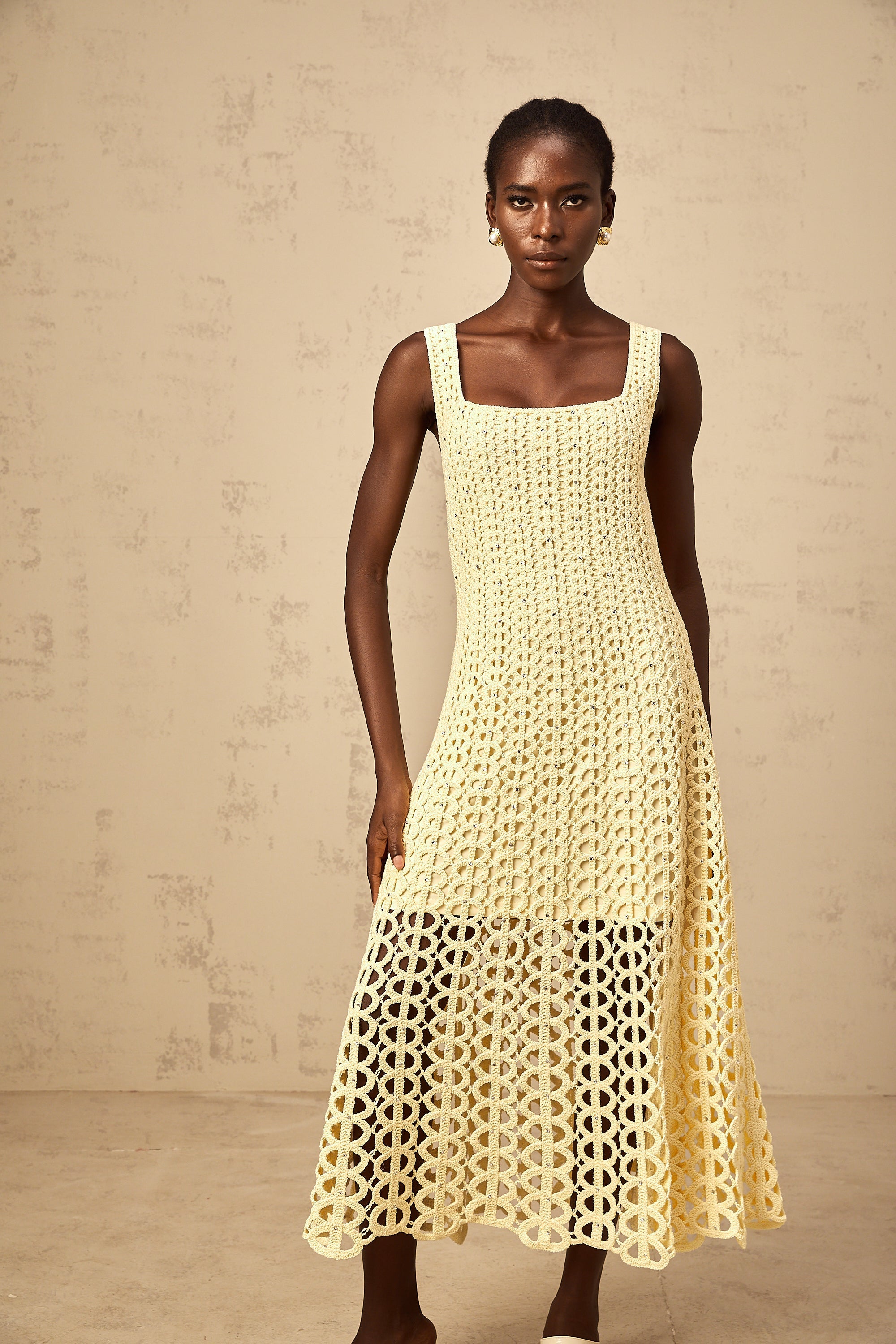 Edelie light-yellow embellished cut-out crochet-knit midi dress