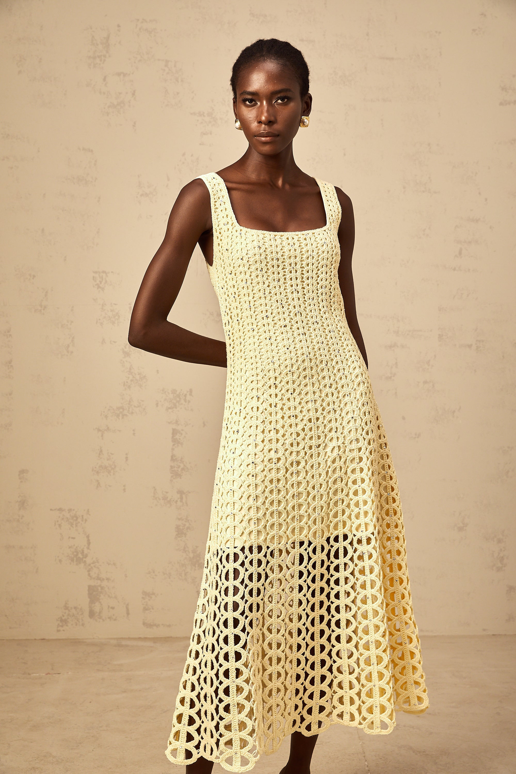 Edelie light-yellow embellished cut-out crochet-knit midi dress