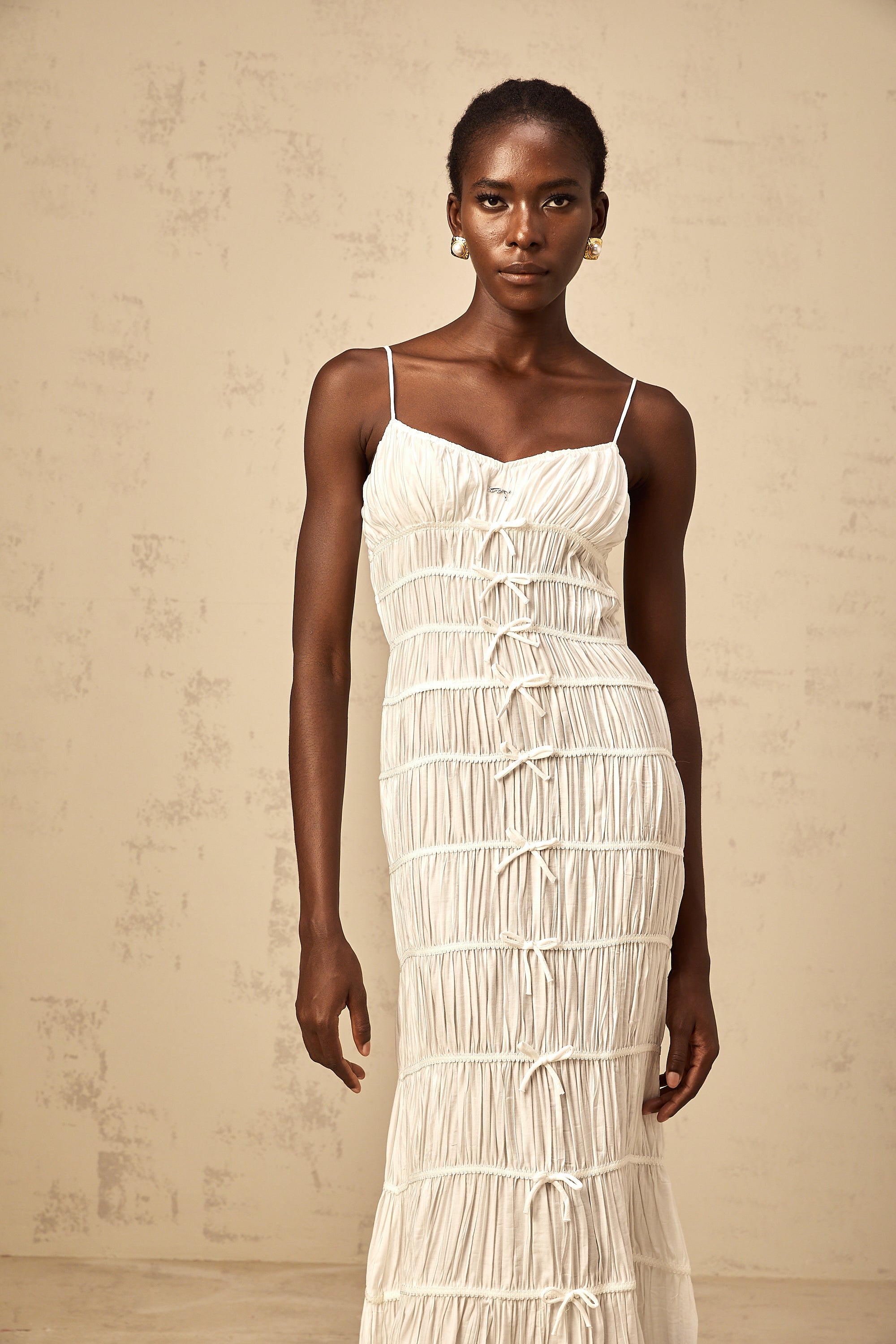 Aglaé white bowknot smocked maxi dress