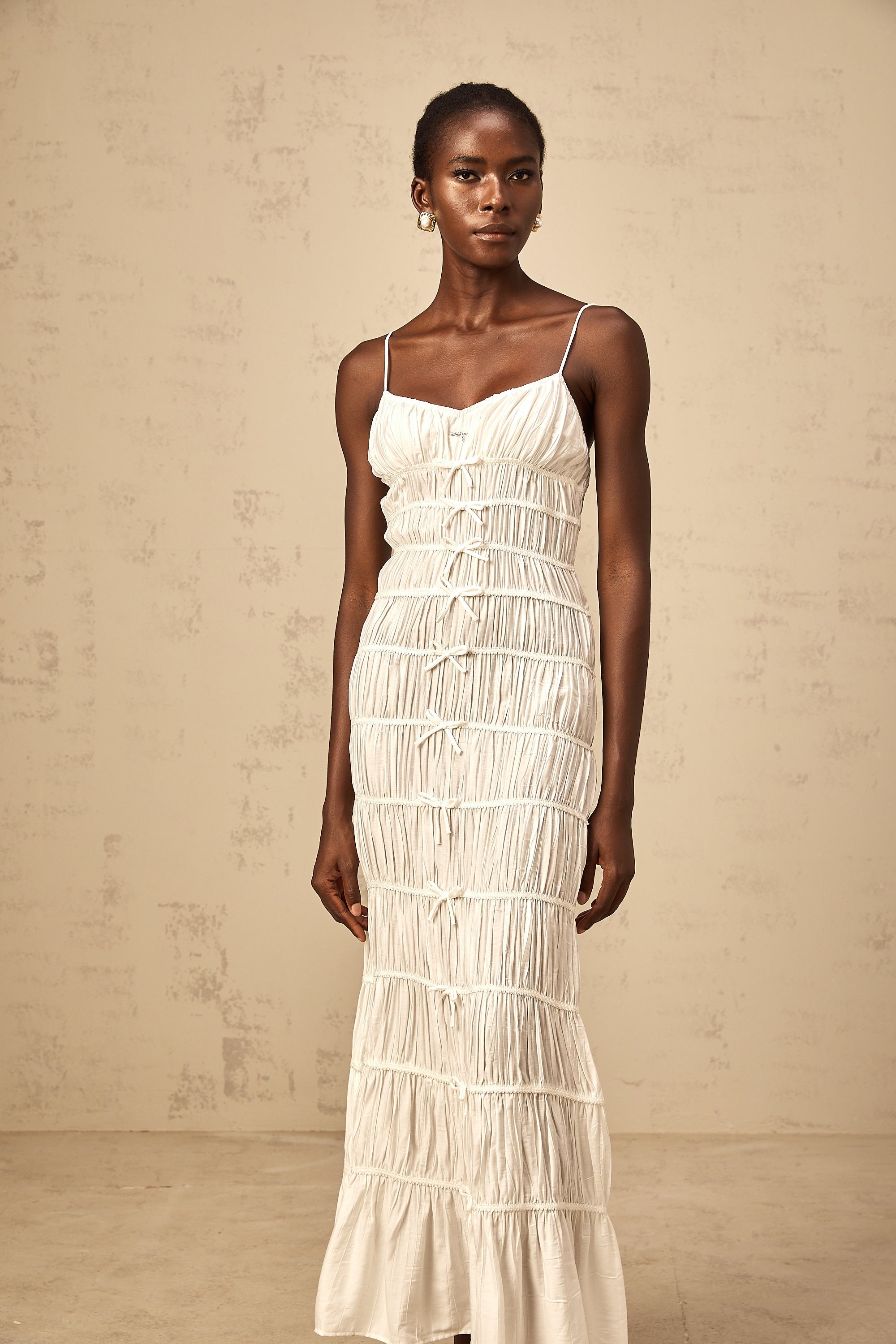 Aglaé white bowknot smocked maxi dress