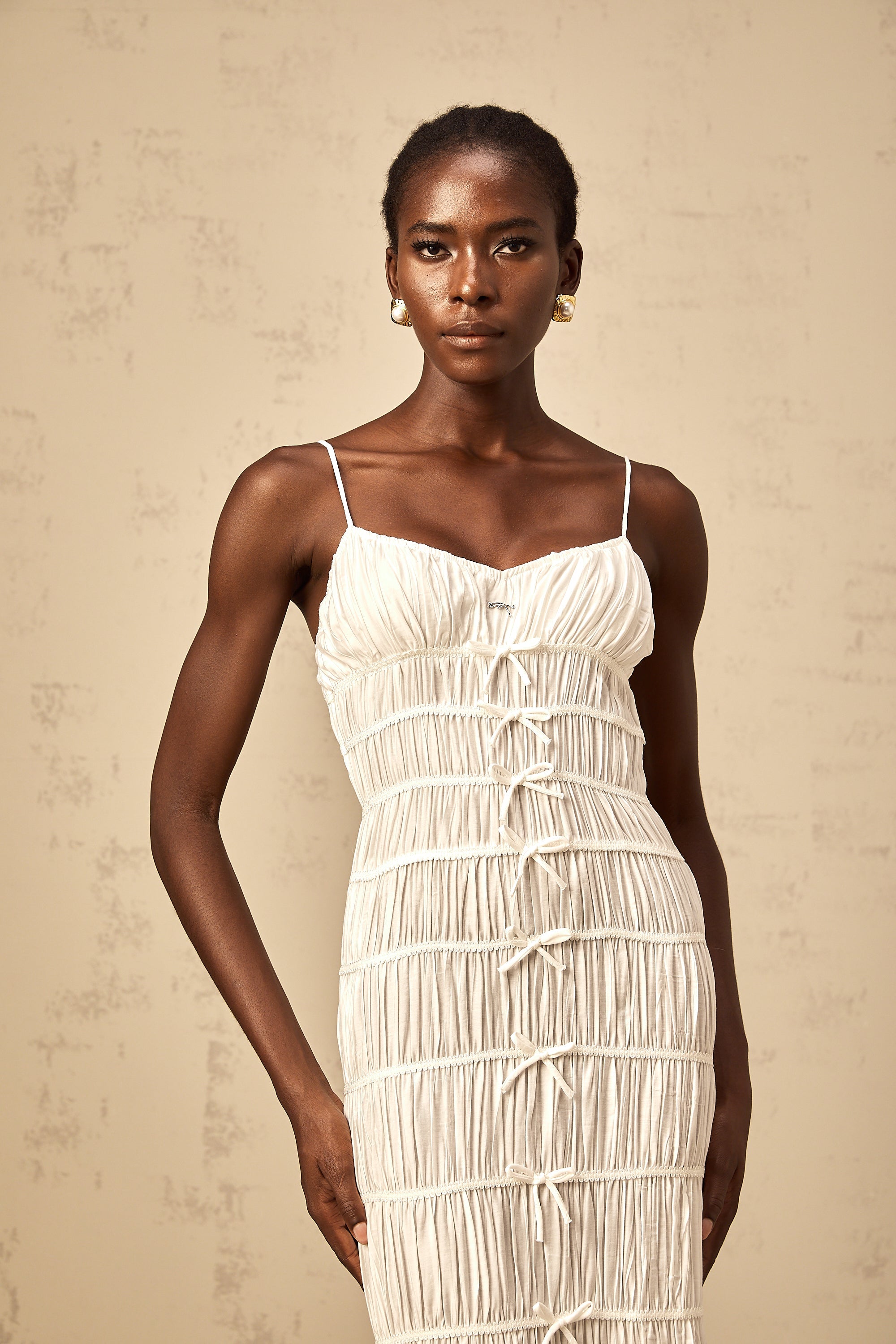 Aglaé white bowknot smocked maxi dress
