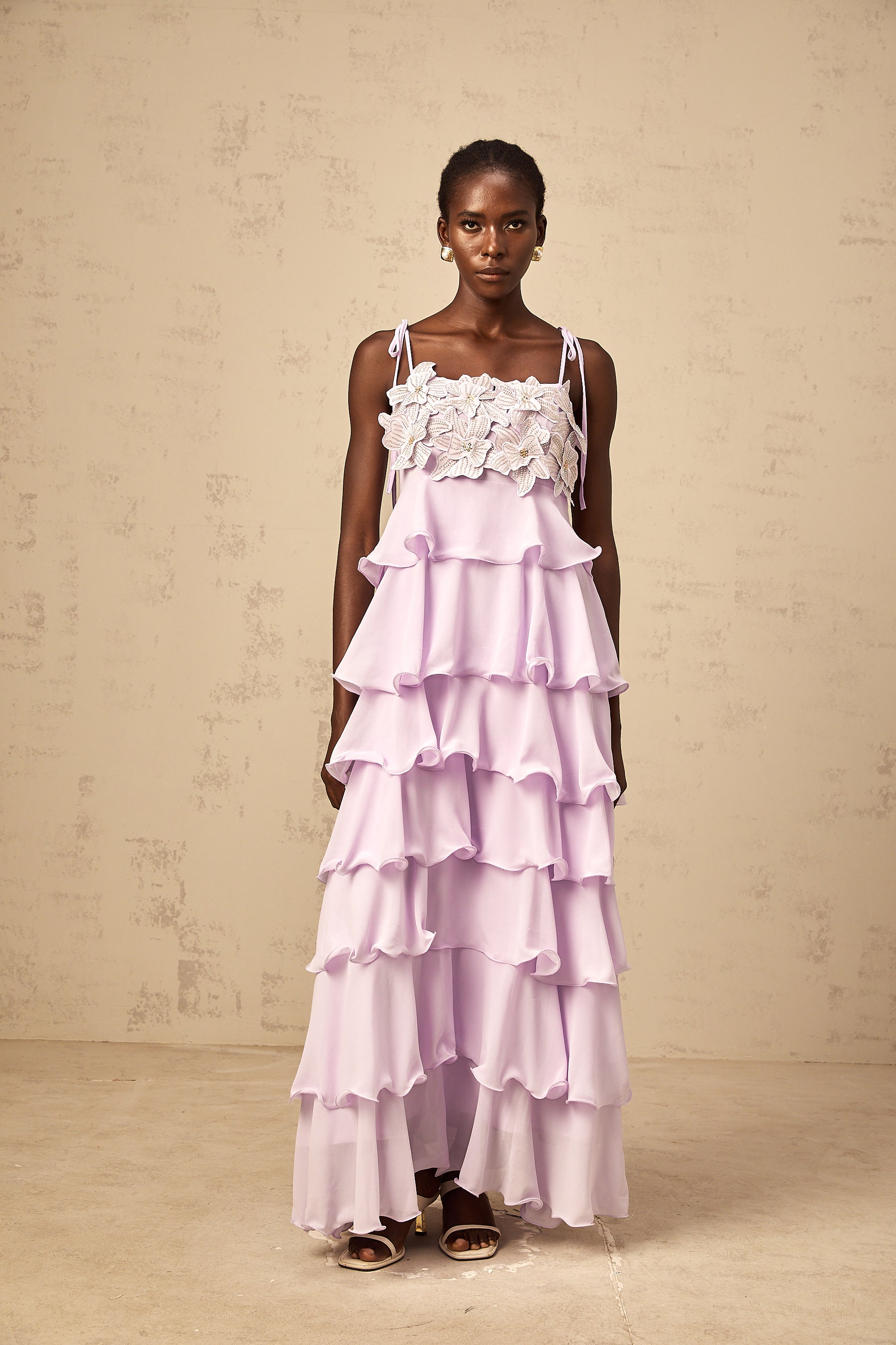 Wilhelmine purple sequined 3d-petal tiered maxi dress