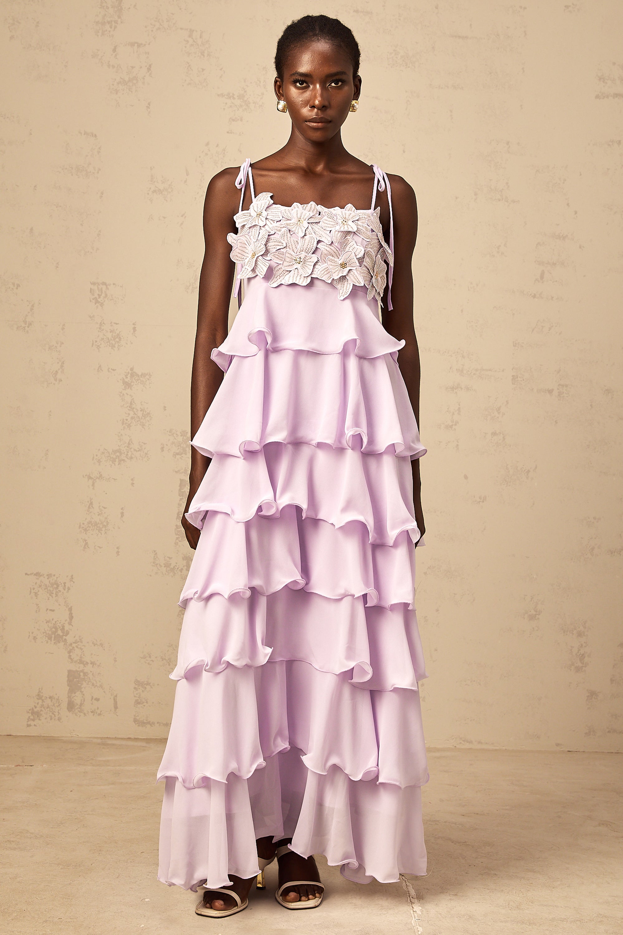 Wilhelmine purple sequined 3d-petal tiered maxi dress (Final Sale-US Only)