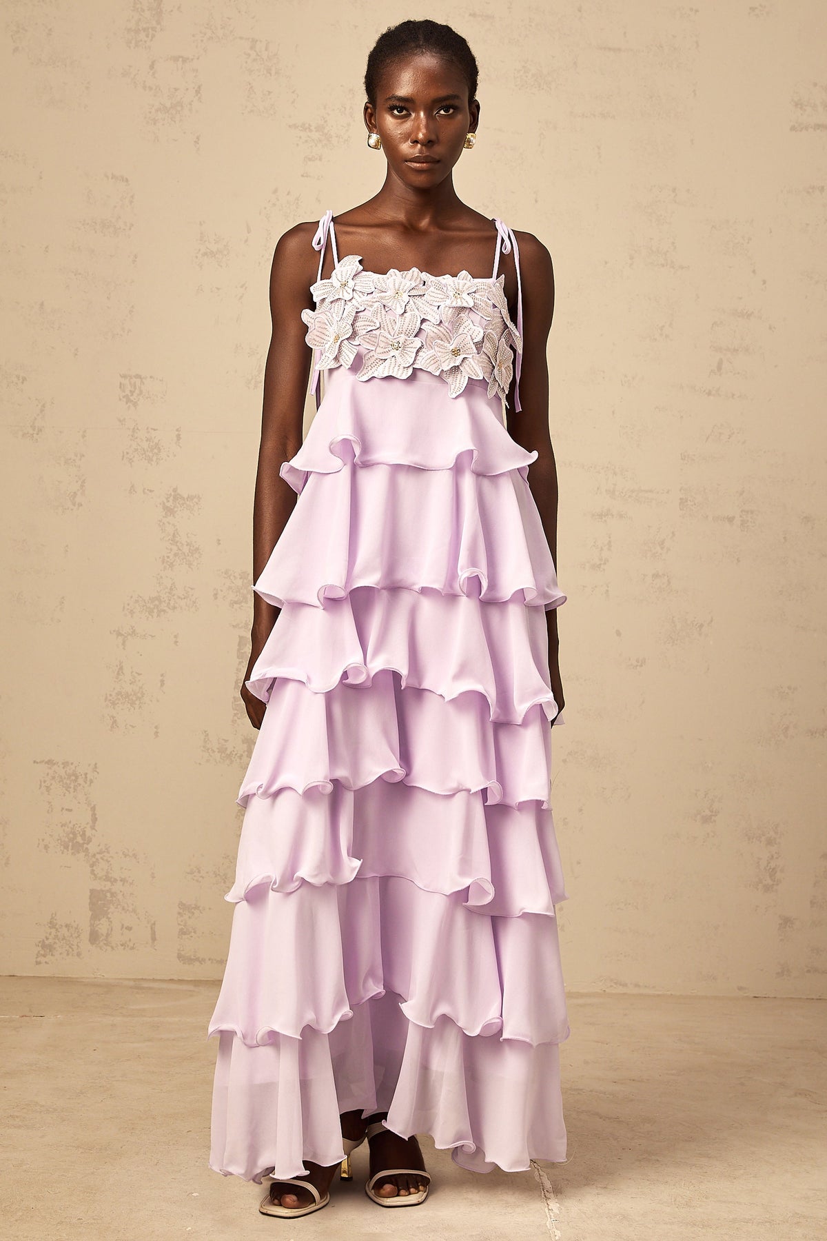 Wilhelmine purple sequined 3d-petal tiered maxi dress