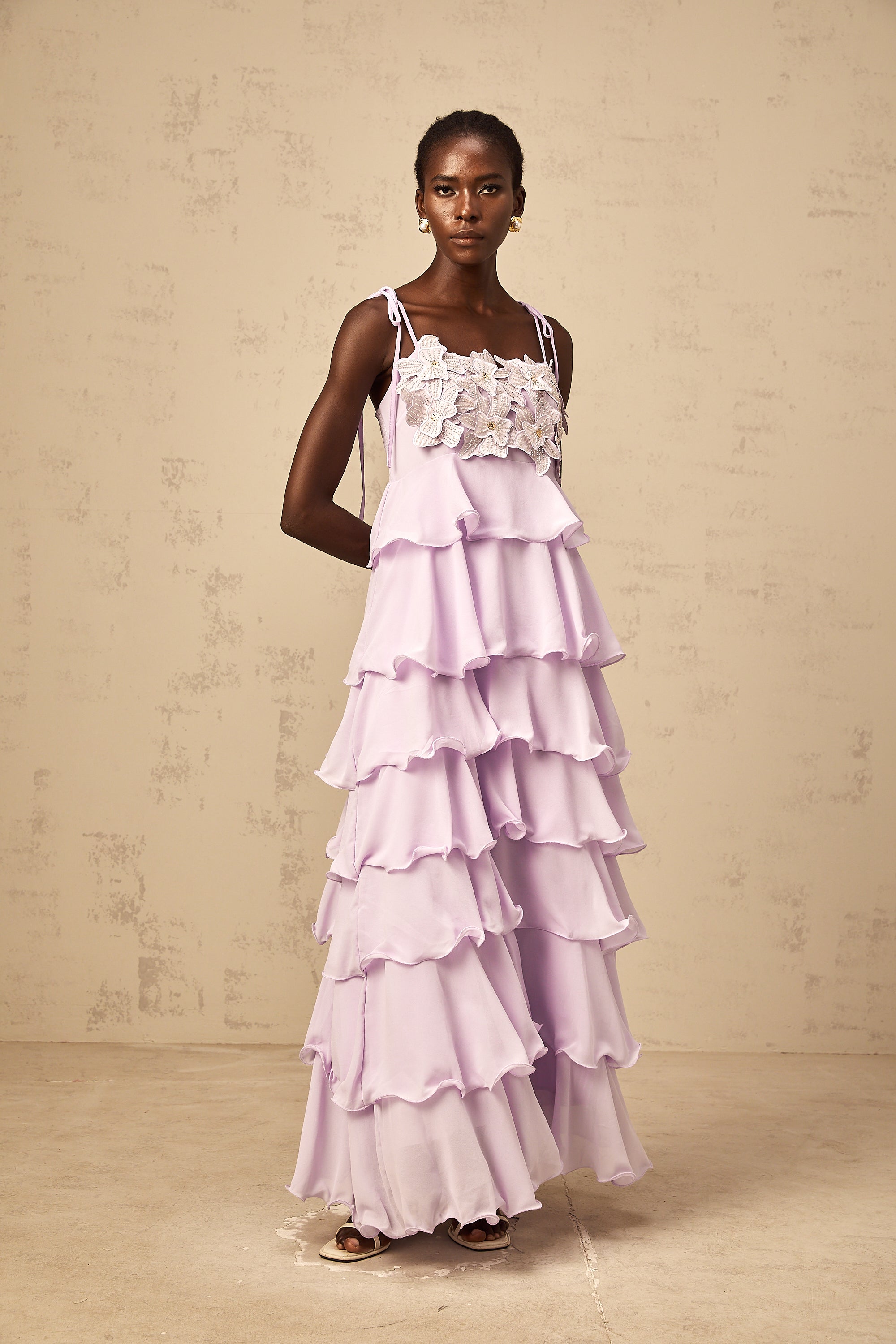 Wilhelmine purple sequined 3d-petal tiered maxi dress