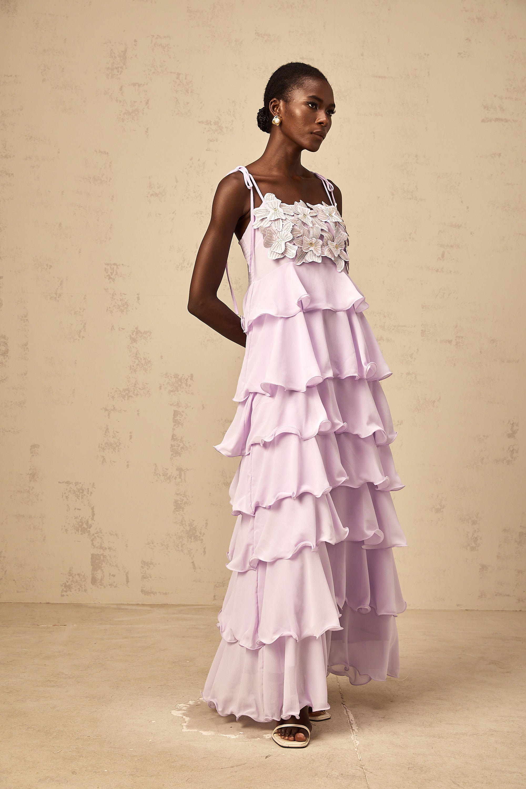 Wilhelmine purple sequined 3d-petal tiered maxi dress
