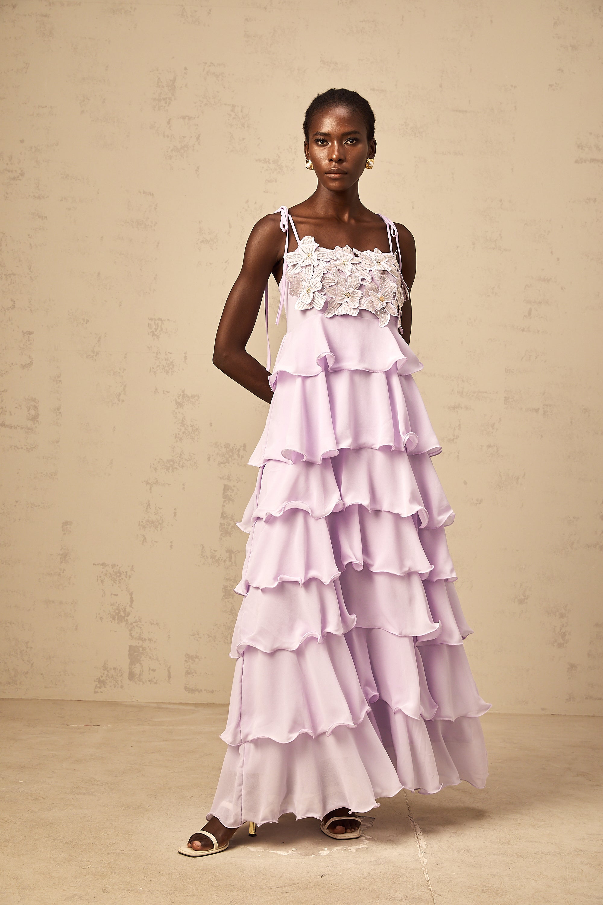 Wilhelmine purple sequined 3d-petal tiered maxi dress