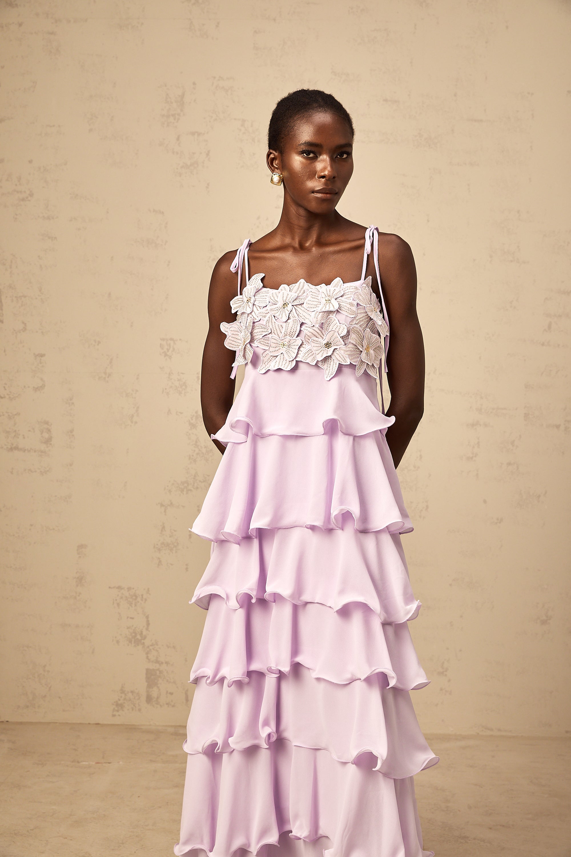 Wilhelmine purple sequined 3d-petal tiered maxi dress