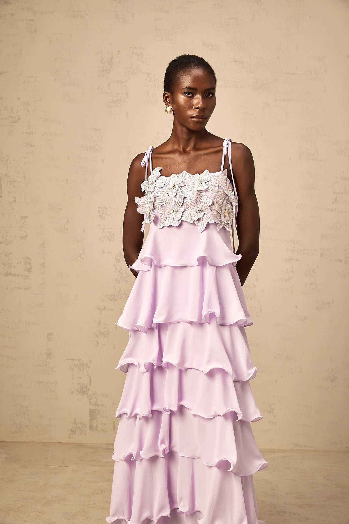 Wilhelmine purple sequined 3d-petal tiered maxi dress (Final Sale-US Only)