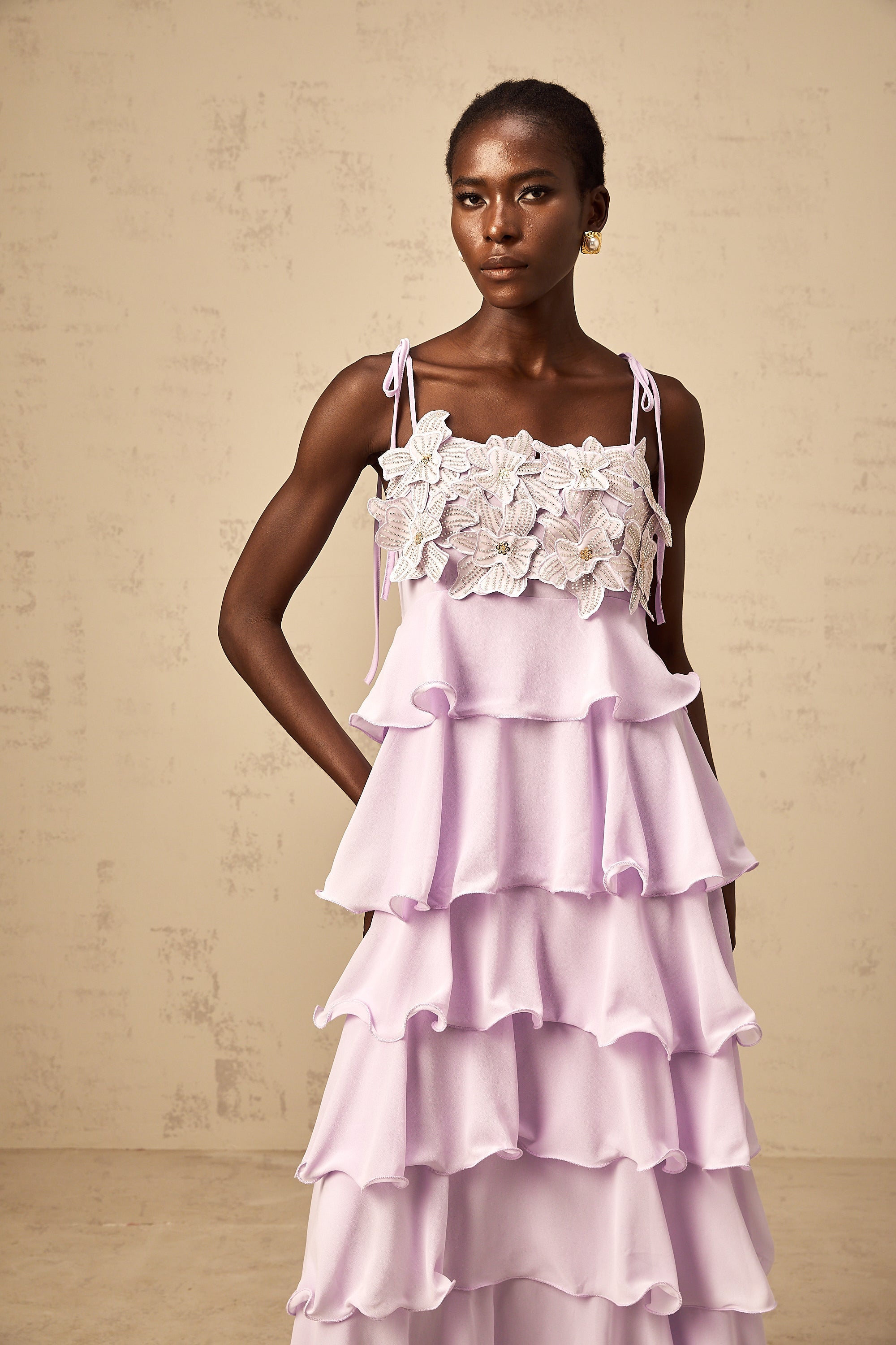 Wilhelmine purple sequined 3d-petal tiered maxi dress