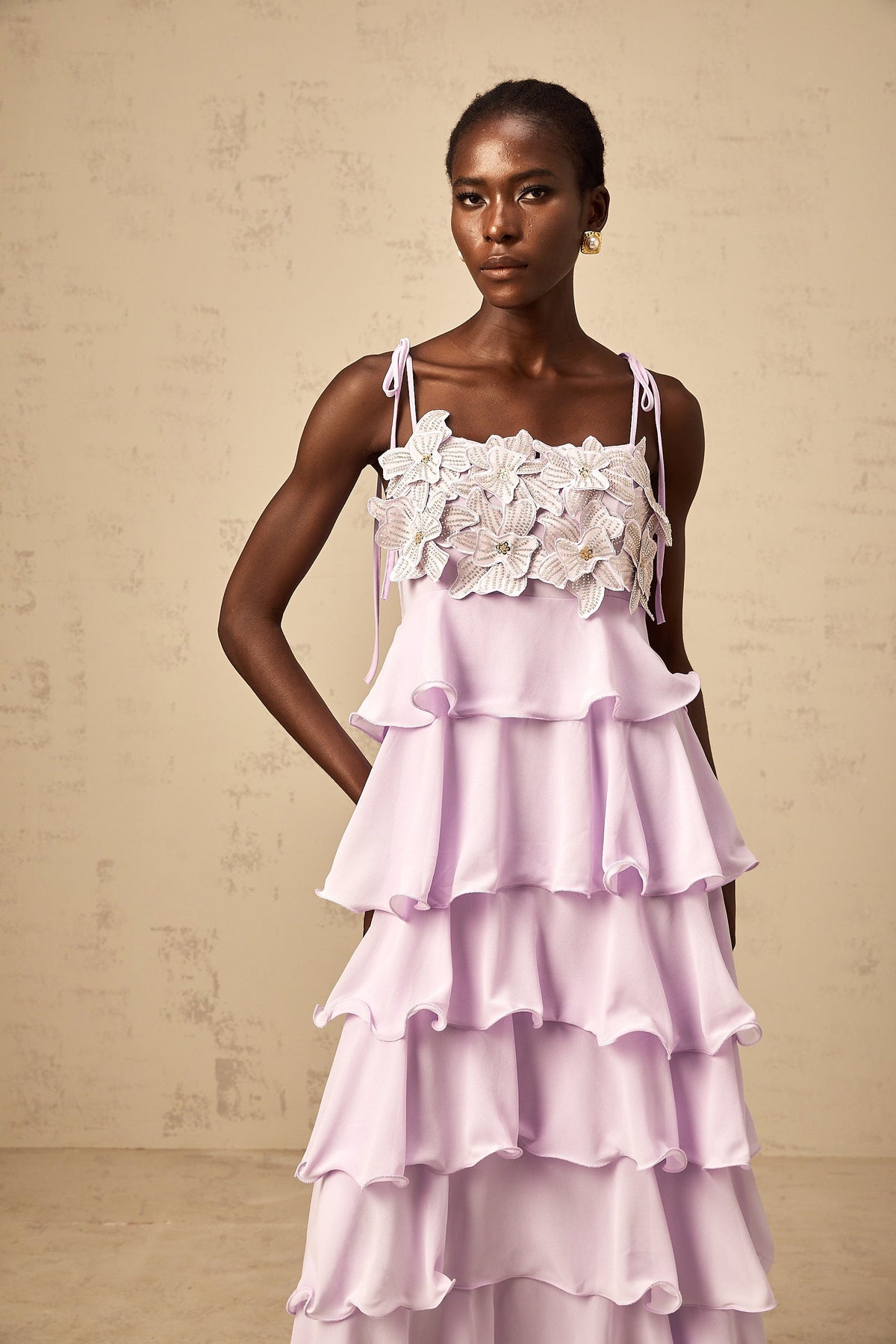 Wilhelmine purple sequined 3d-petal tiered maxi dress