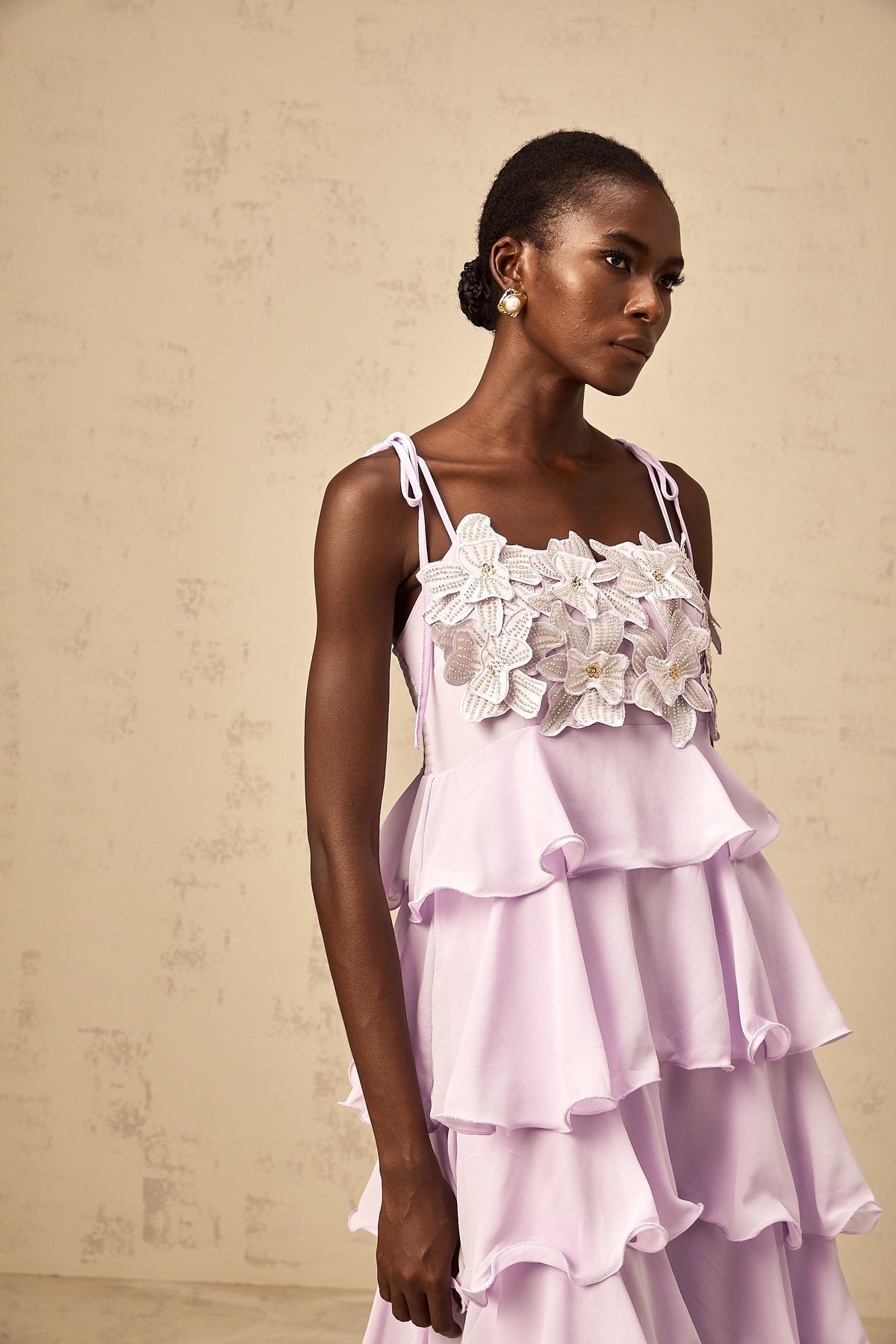 Wilhelmine purple sequined 3d-petal tiered maxi dress (Final Sale-US Only)