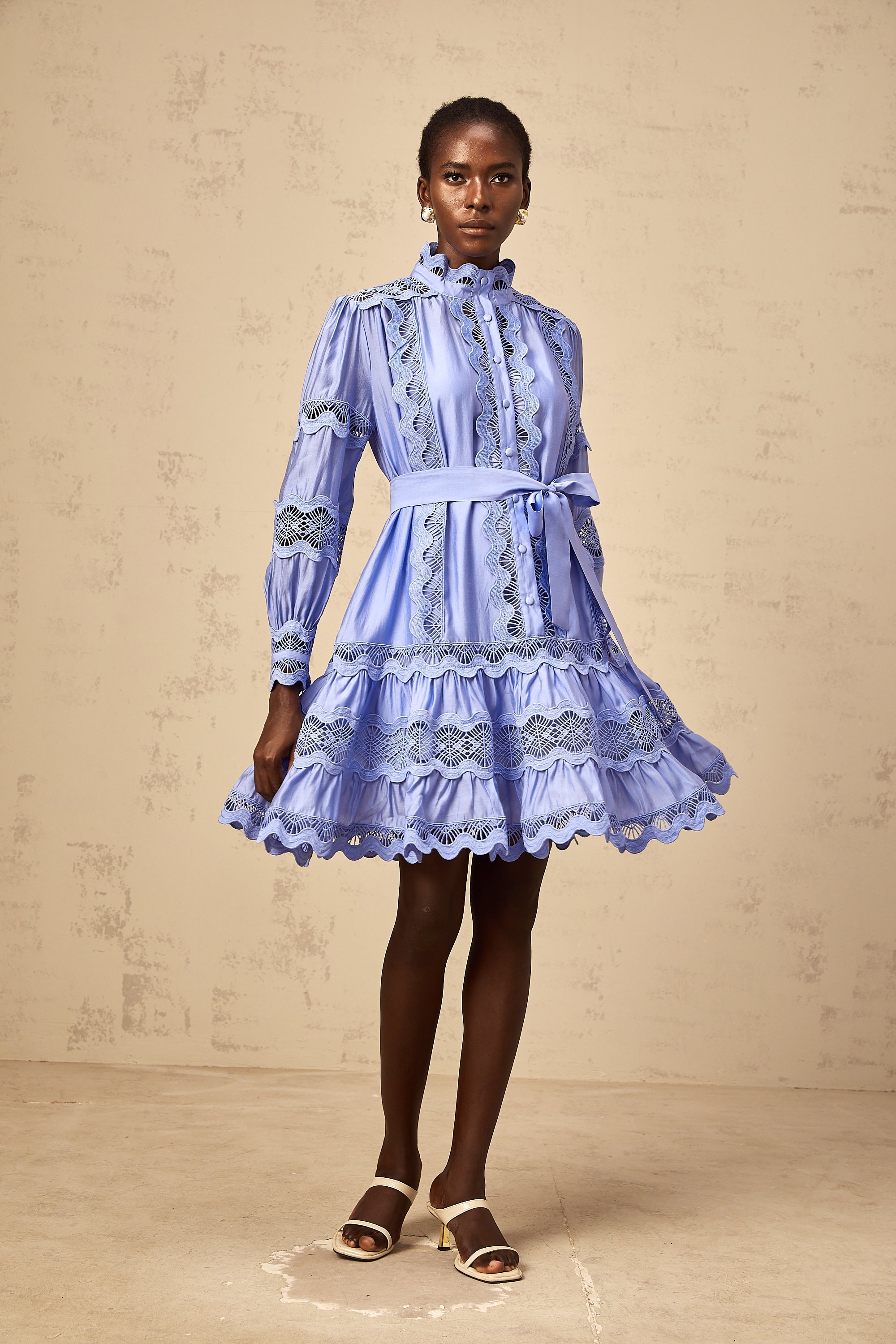 Poema blue cut-out motif-embroidered tiered mini dress