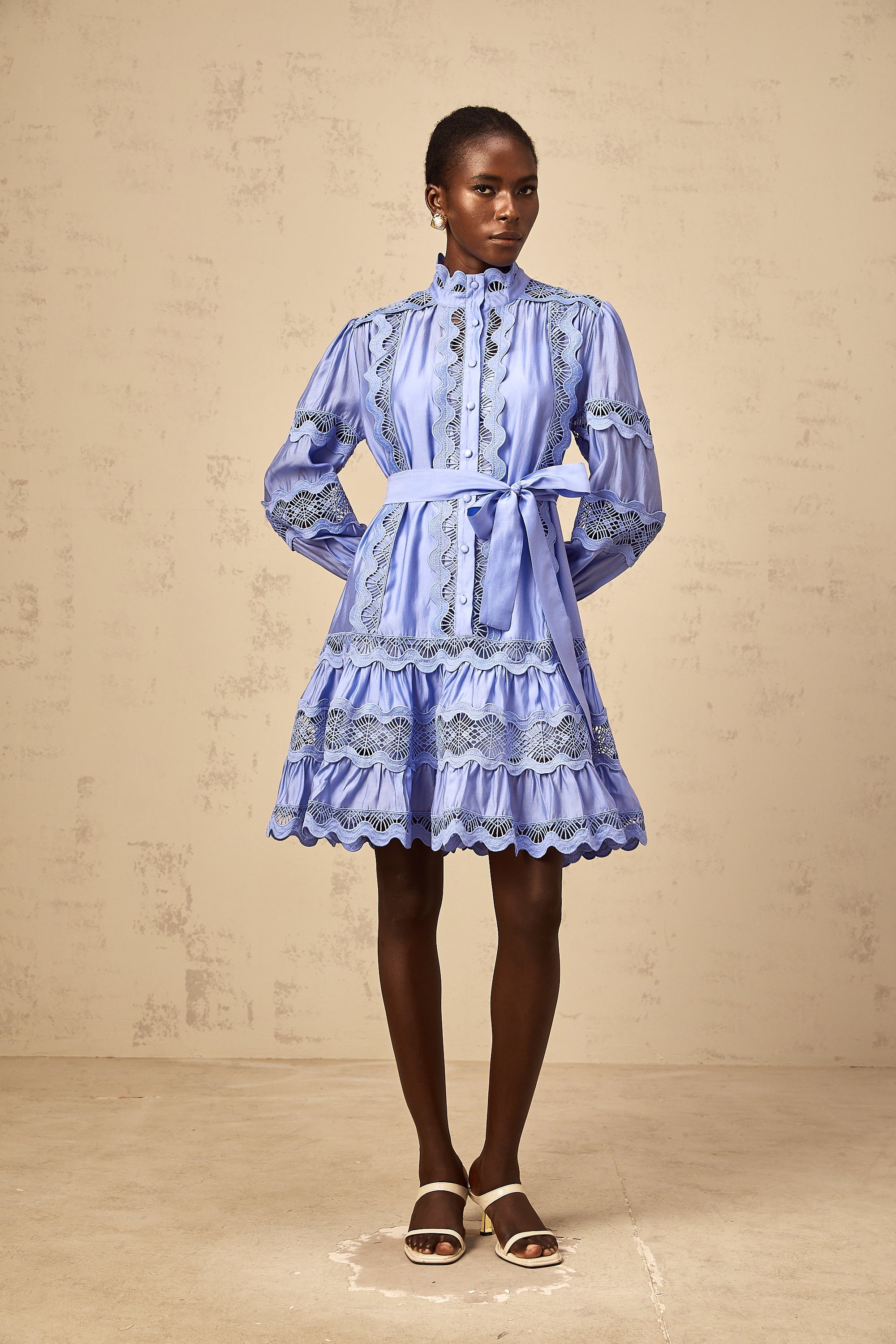 Poema blue cut-out motif-embroidered tiered mini dress