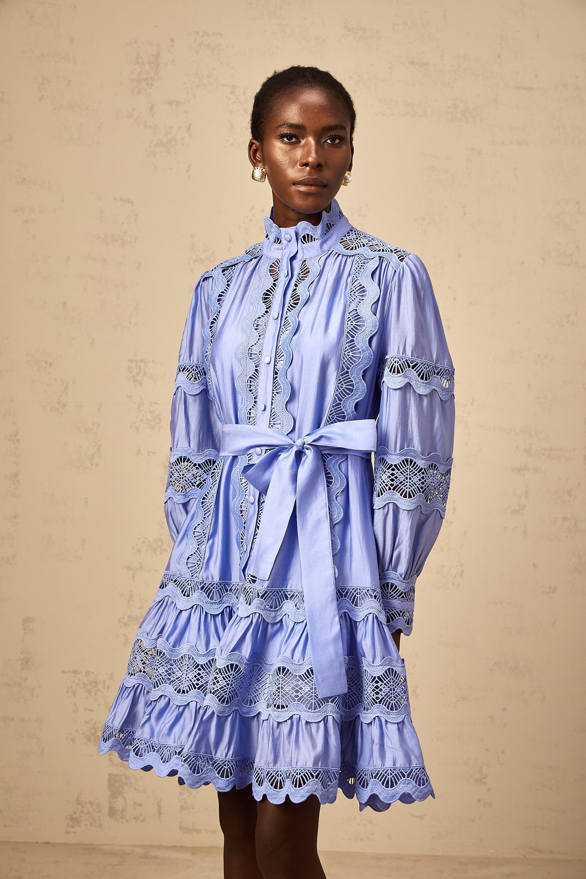 Poema blue cut-out motif-embroidered tiered mini dress