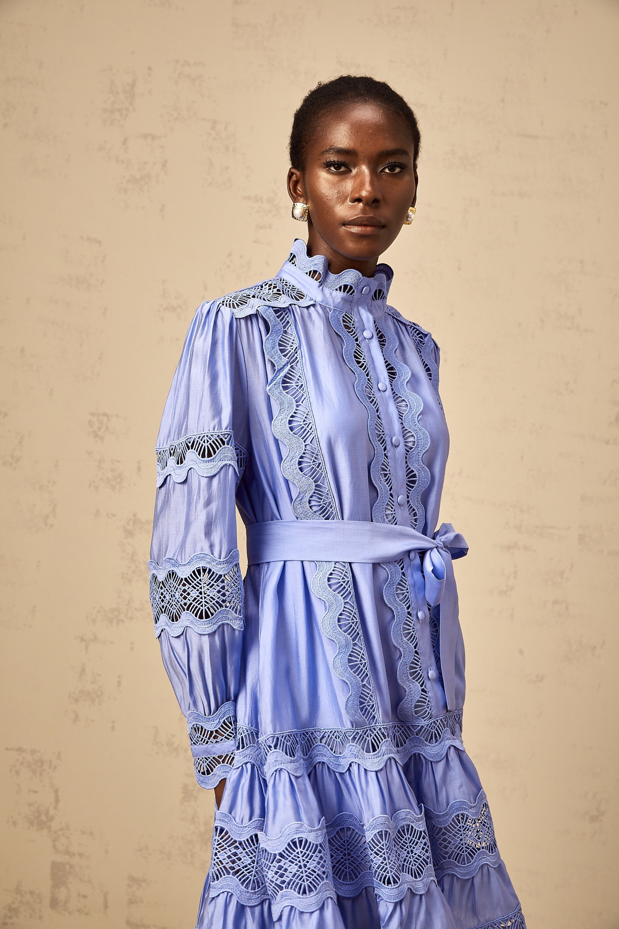 Poema blue cut-out motif-embroidered tiered mini dress