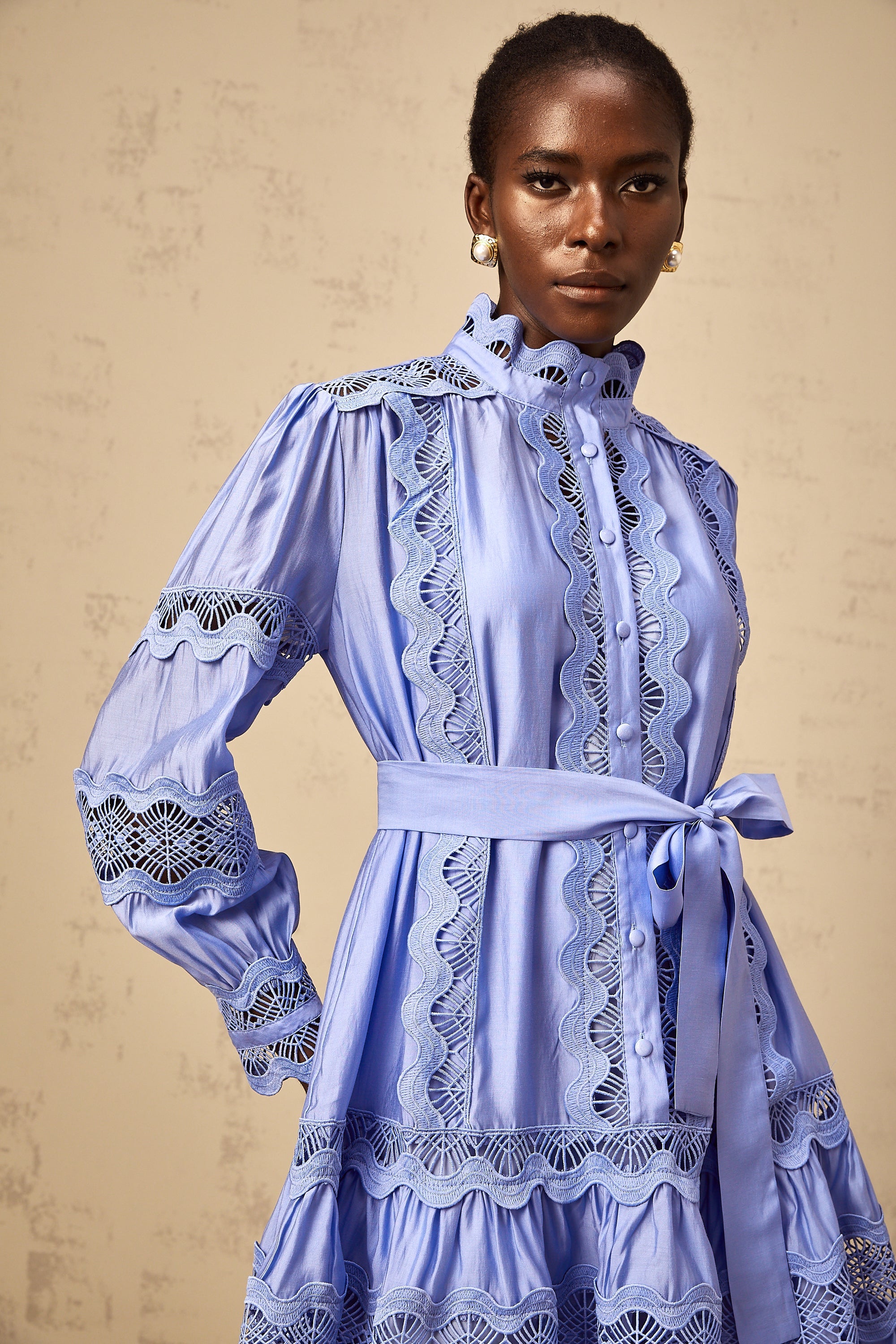 Poema blue cut-out motif-embroidered tiered mini dress