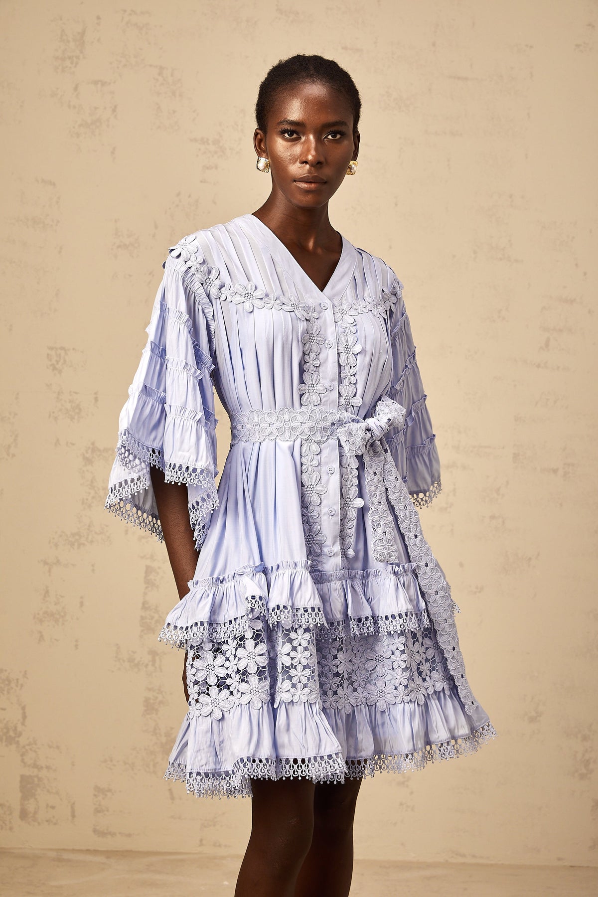 Gaëlle light-blue floral-embroidered tiered mini dress