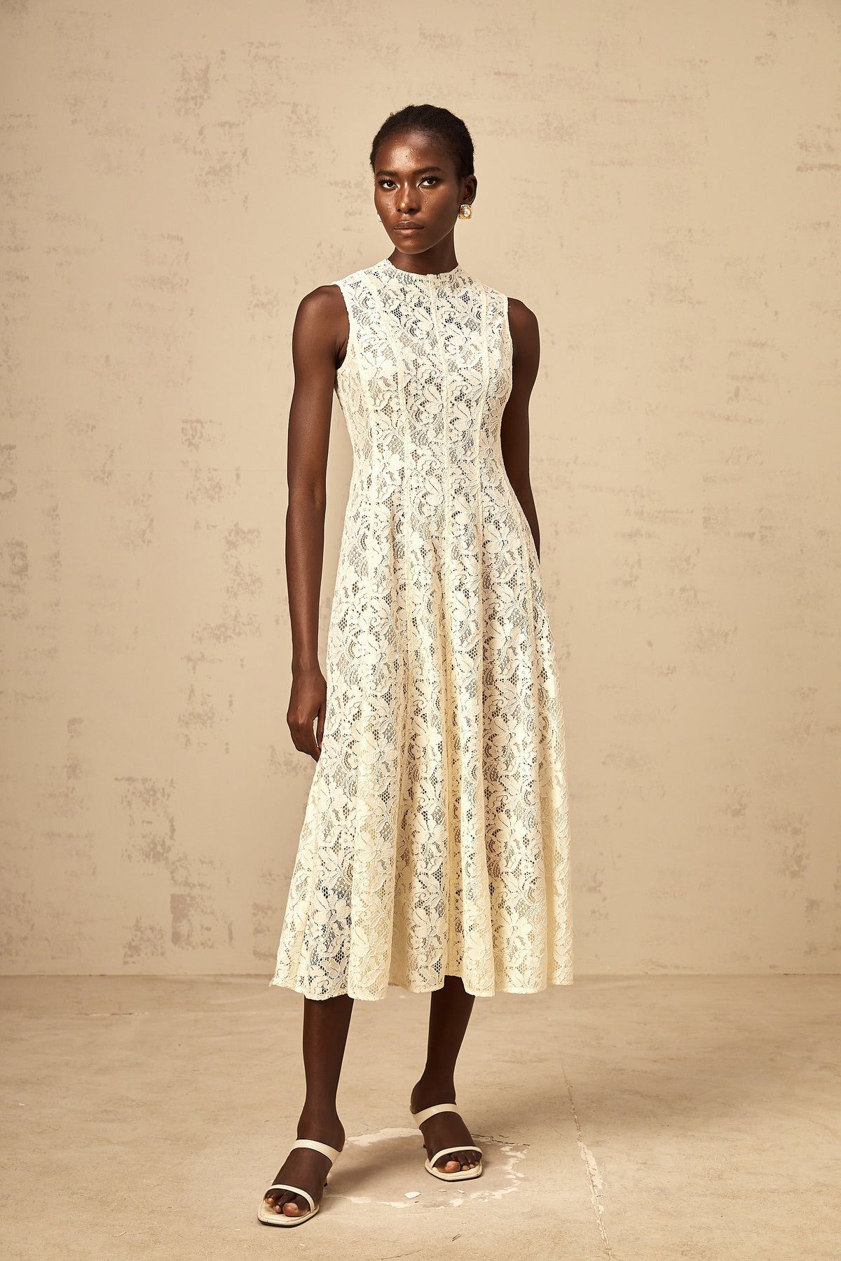 Edelie beige floral-lace flared midi dress