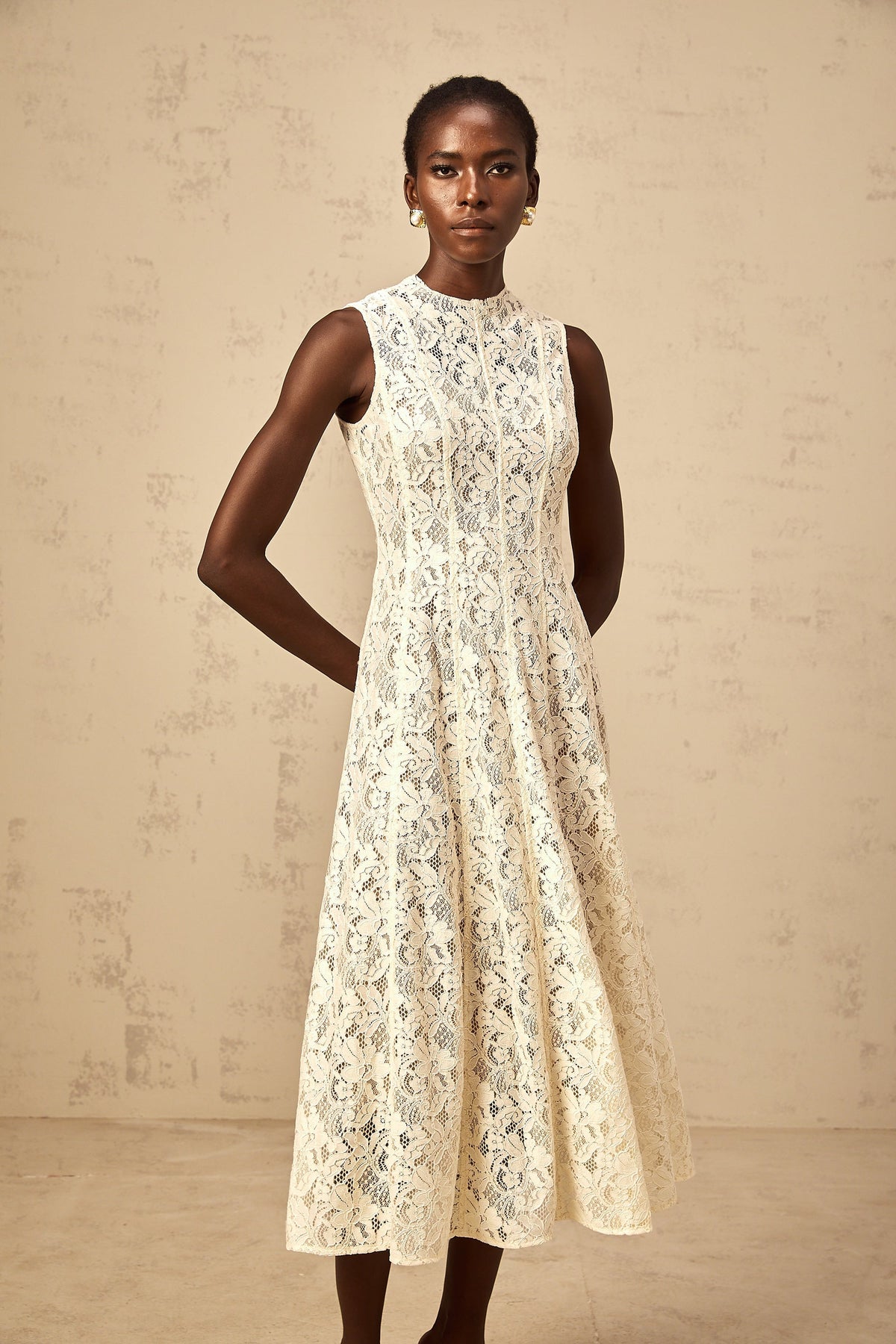Edelie beige floral-lace flared midi dress
