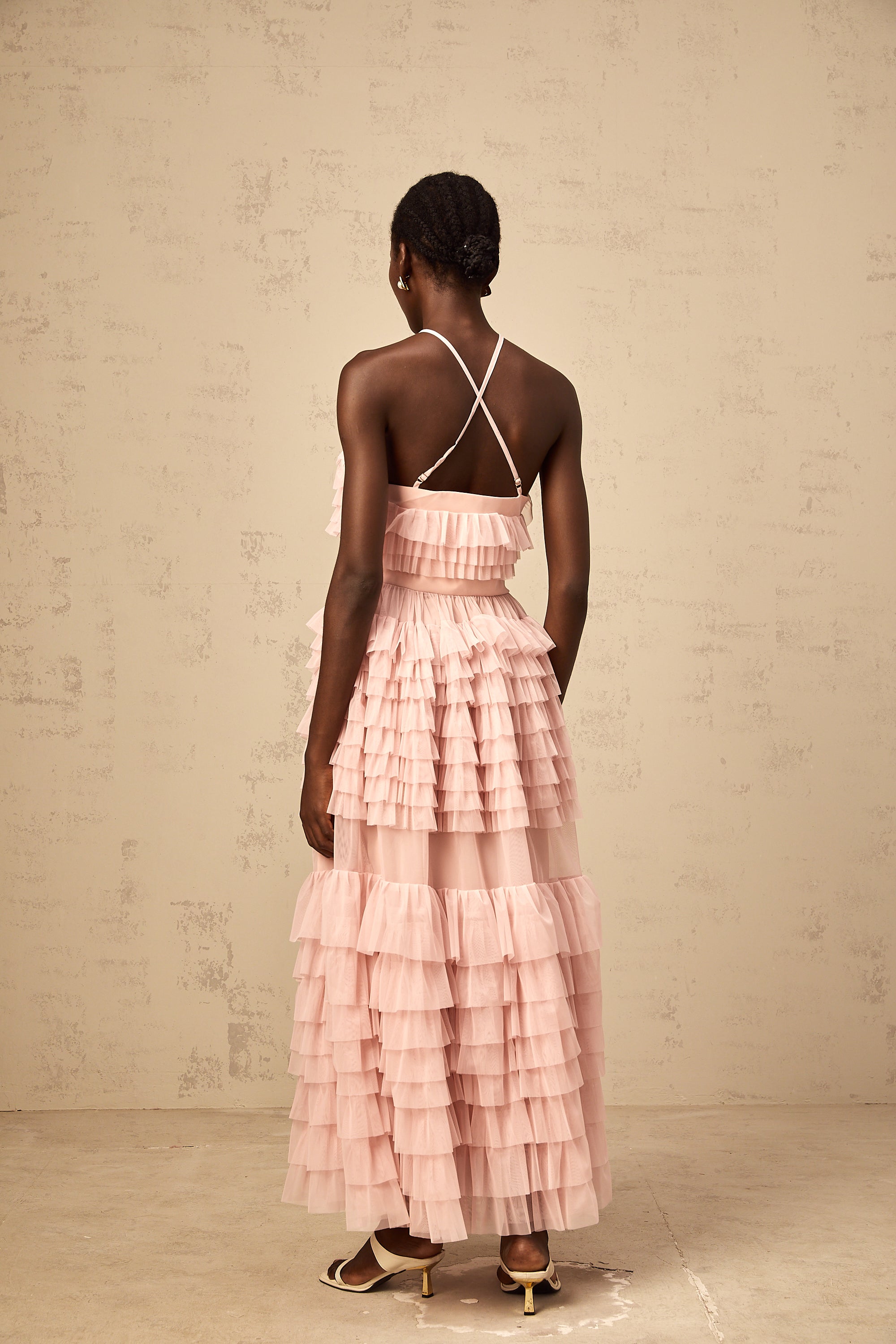 Isabelle pink petal-brooch ruffled tiered tulle maxi dress