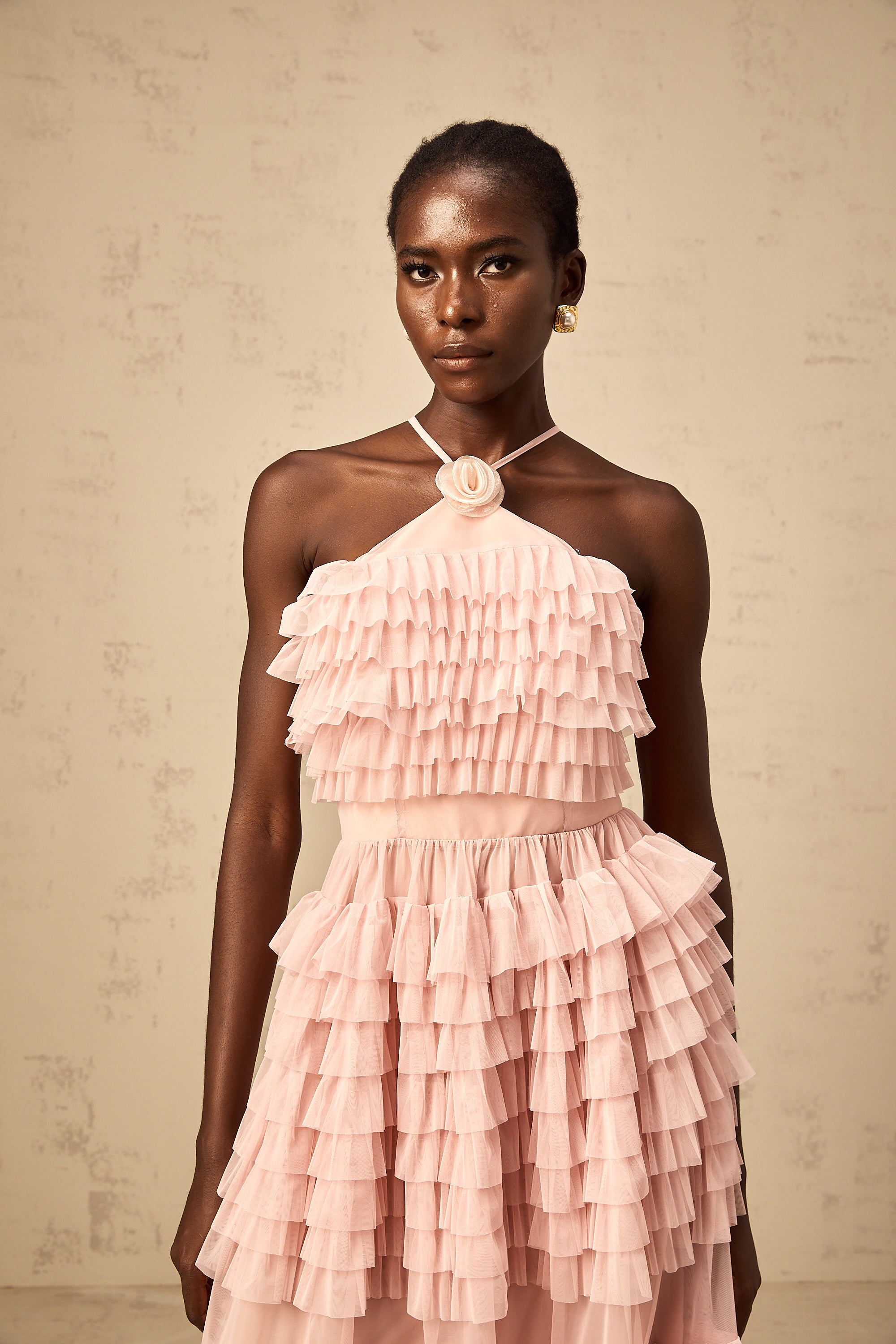 Isabelle pink petal-brooch ruffled tiered tulle maxi dress