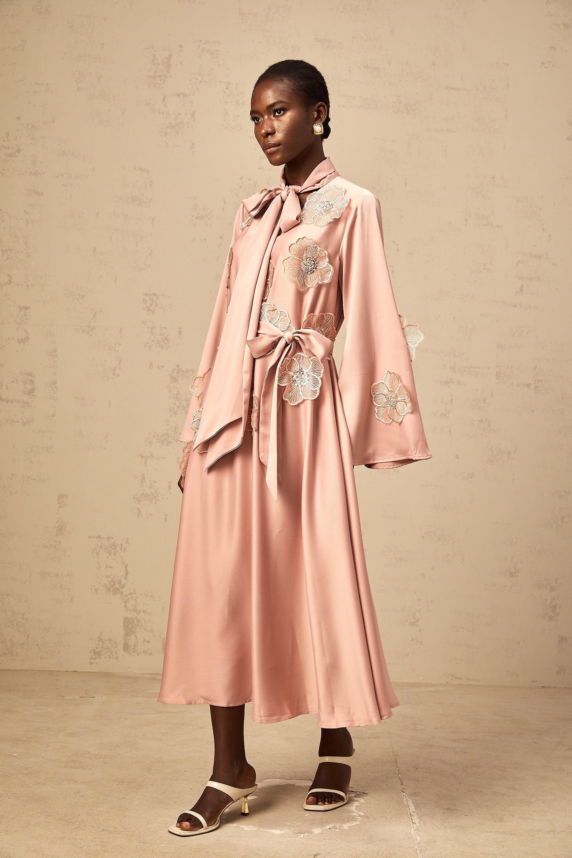 Orane tied floral-applique flared midi dress in Pink