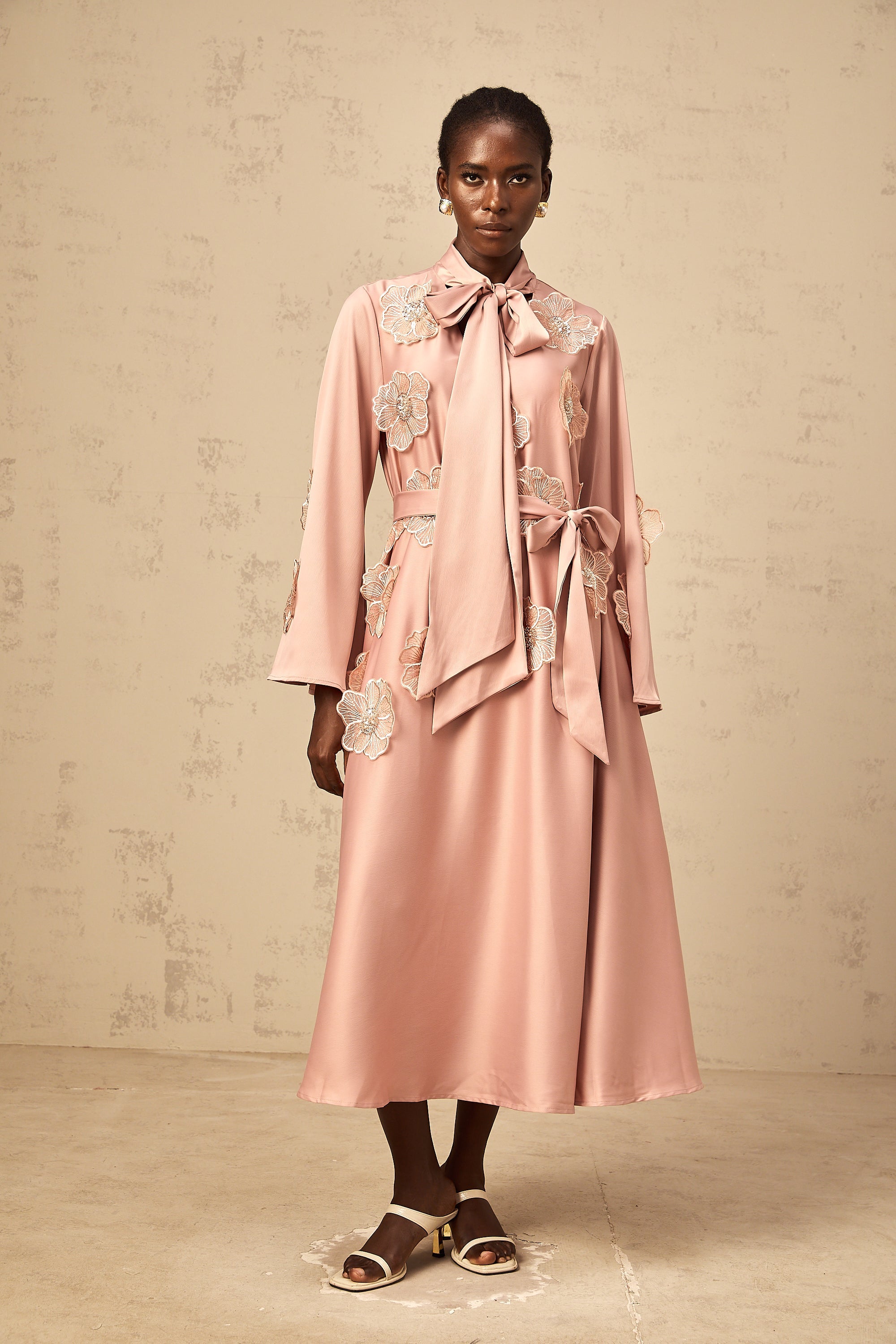 Orane tied floral-applique flared midi dress in Pink